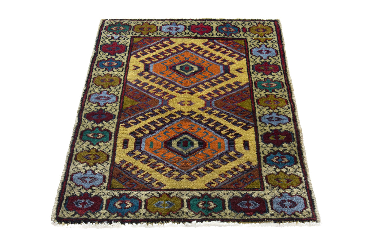 Persian Torkaman accent rug in mustard and cream, view 3 of 10
