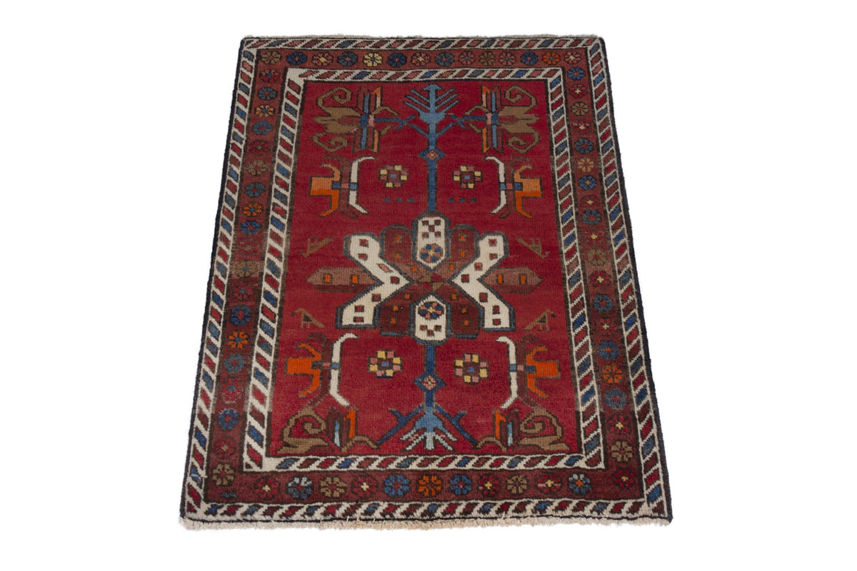 Persian Gharajeh accent rug in deep red and tan, view 3 of 10