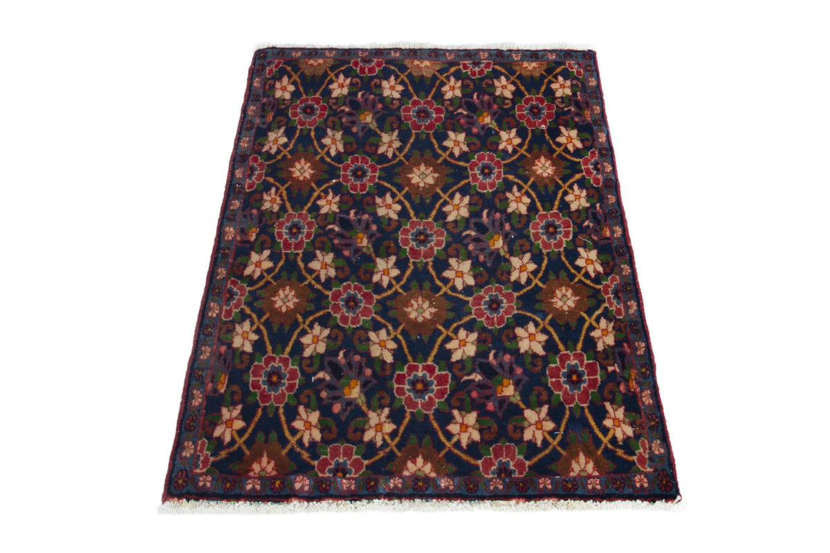 Persian Varamin accent rug in navy and deep red, view 3 of 9