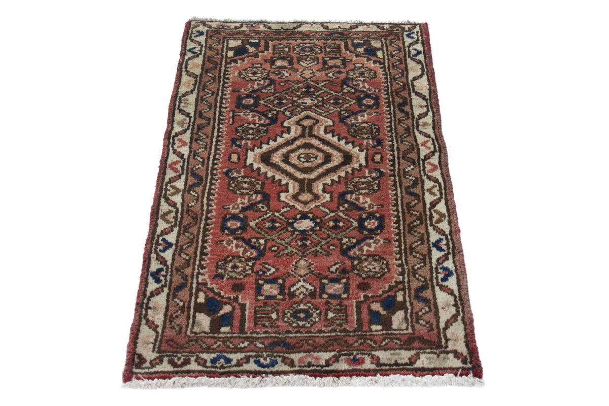 Persian Hamadan accent rug in faded red and cream, view 4 of 10