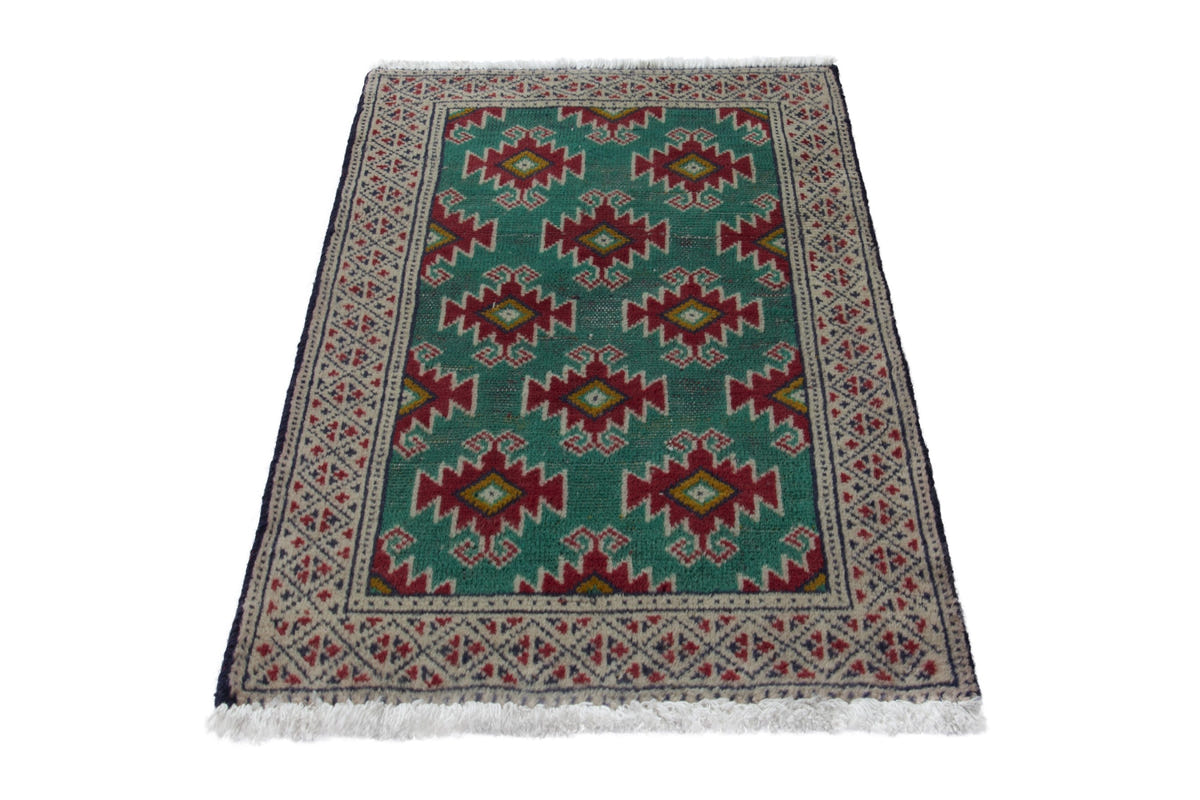 Persian Torkaman accent rug in emerald and cream, view 4 of 9