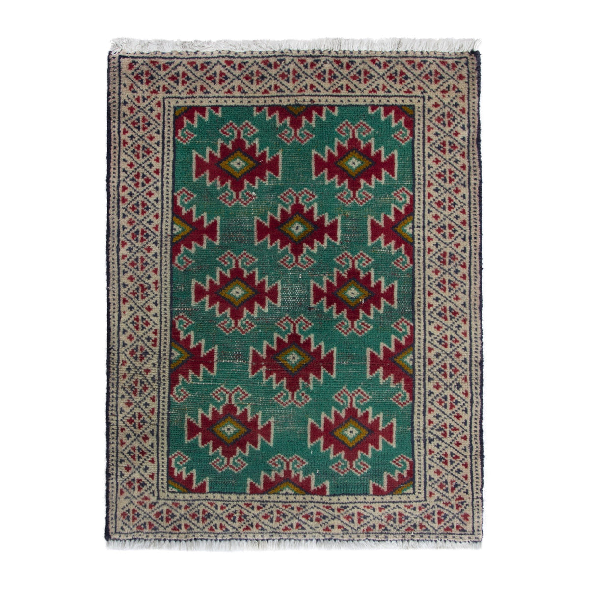 Persian Torkaman accent rug in emerald and cream, 2' x 2'7"