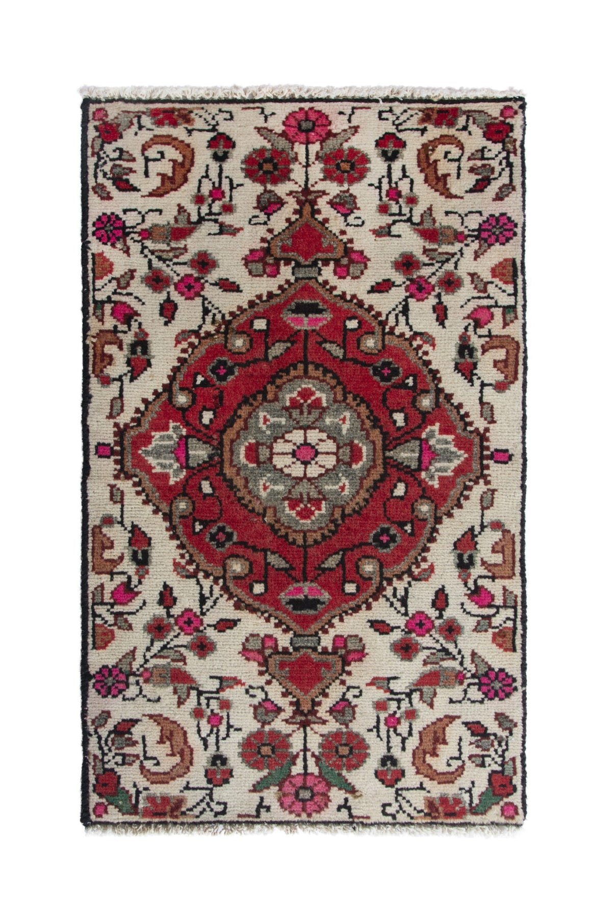 Persian Hamadan accent rug in ivory and deep red, view 2 of 10