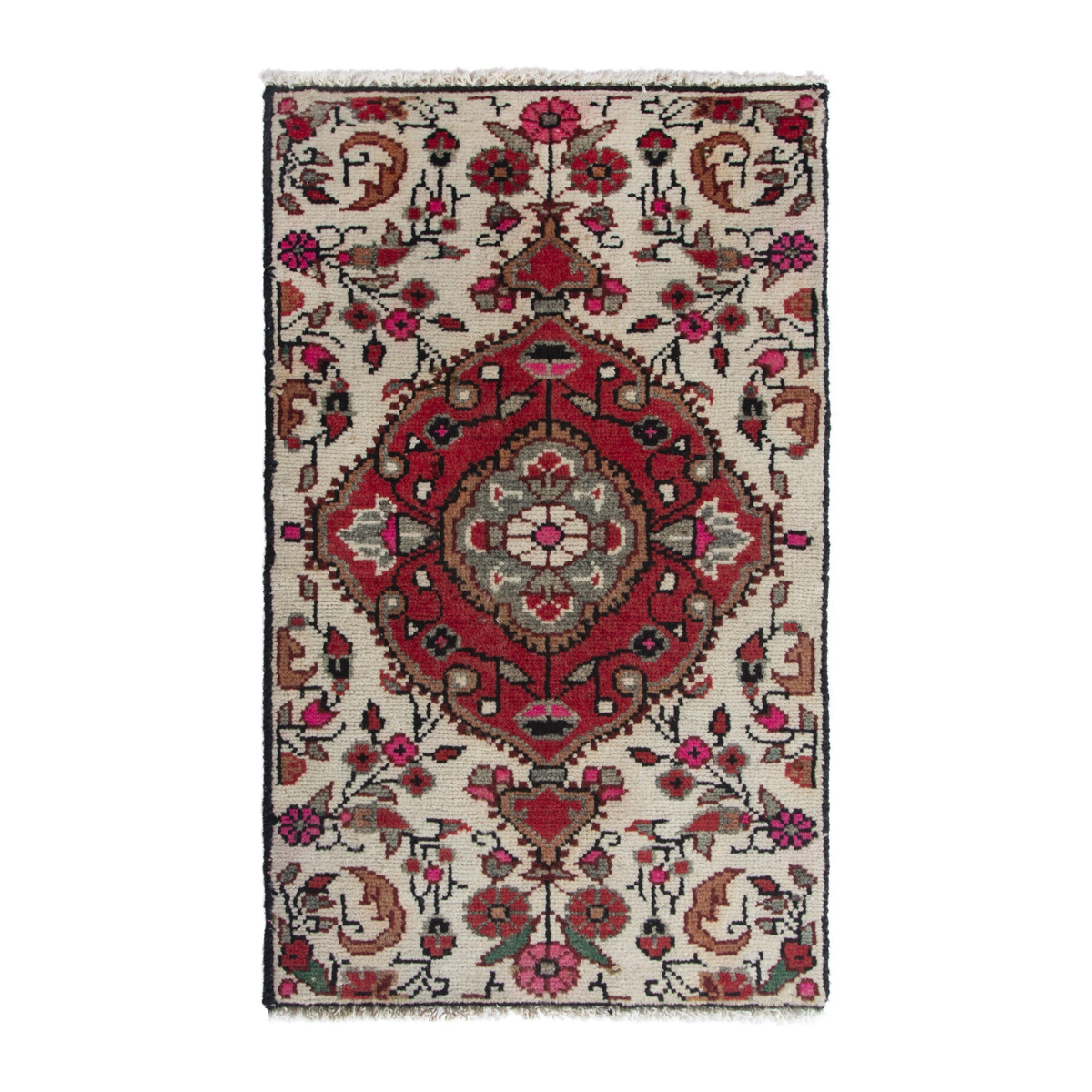 Persian Hamadan accent rug in ivory and deep red, 1'8" x 2'9"
