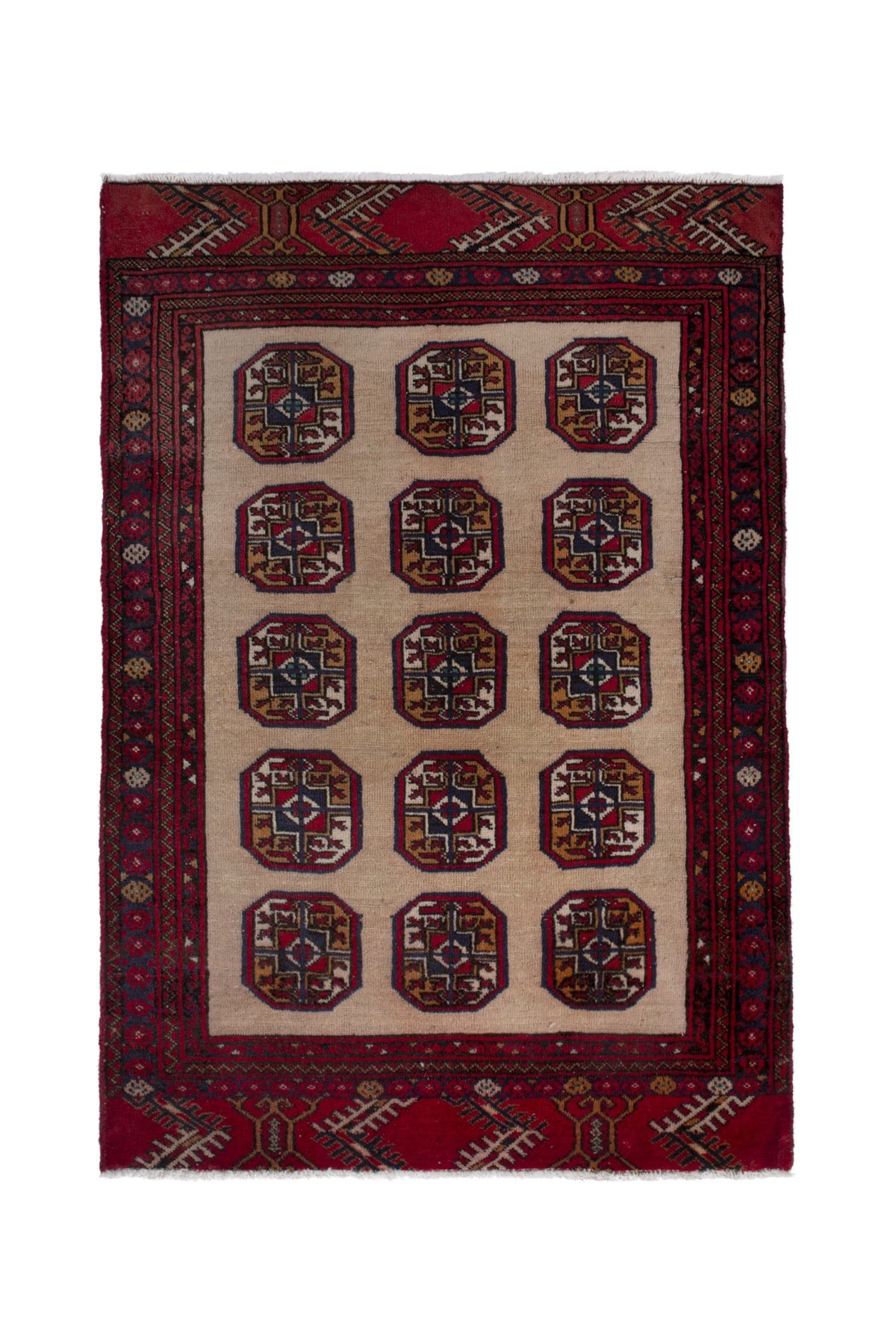 Persian Torkaman accent rug in tan and deep red, view 2 of 8