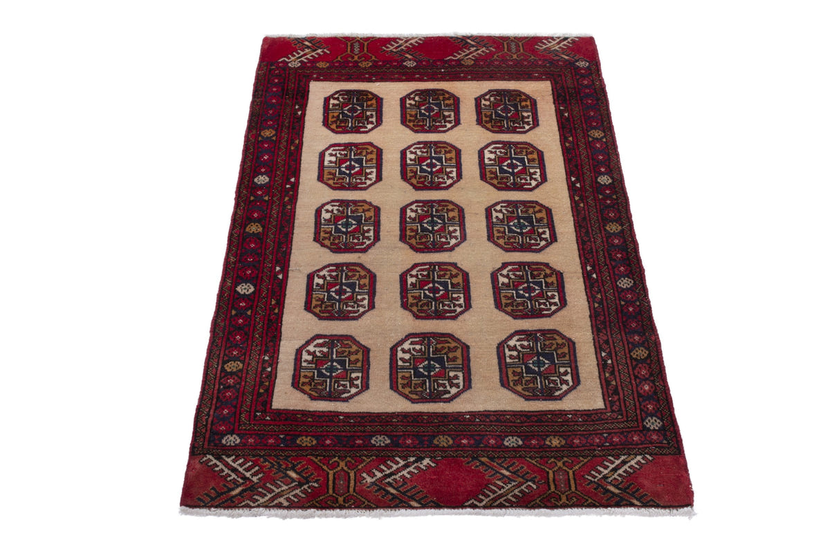 Persian Torkaman accent rug in tan and deep red, view 3 of 8