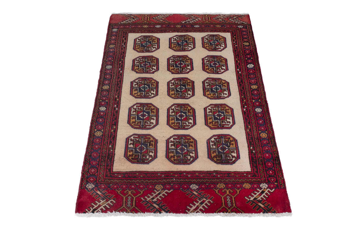 Persian Torkaman accent rug in tan and deep red, view 4 of 8