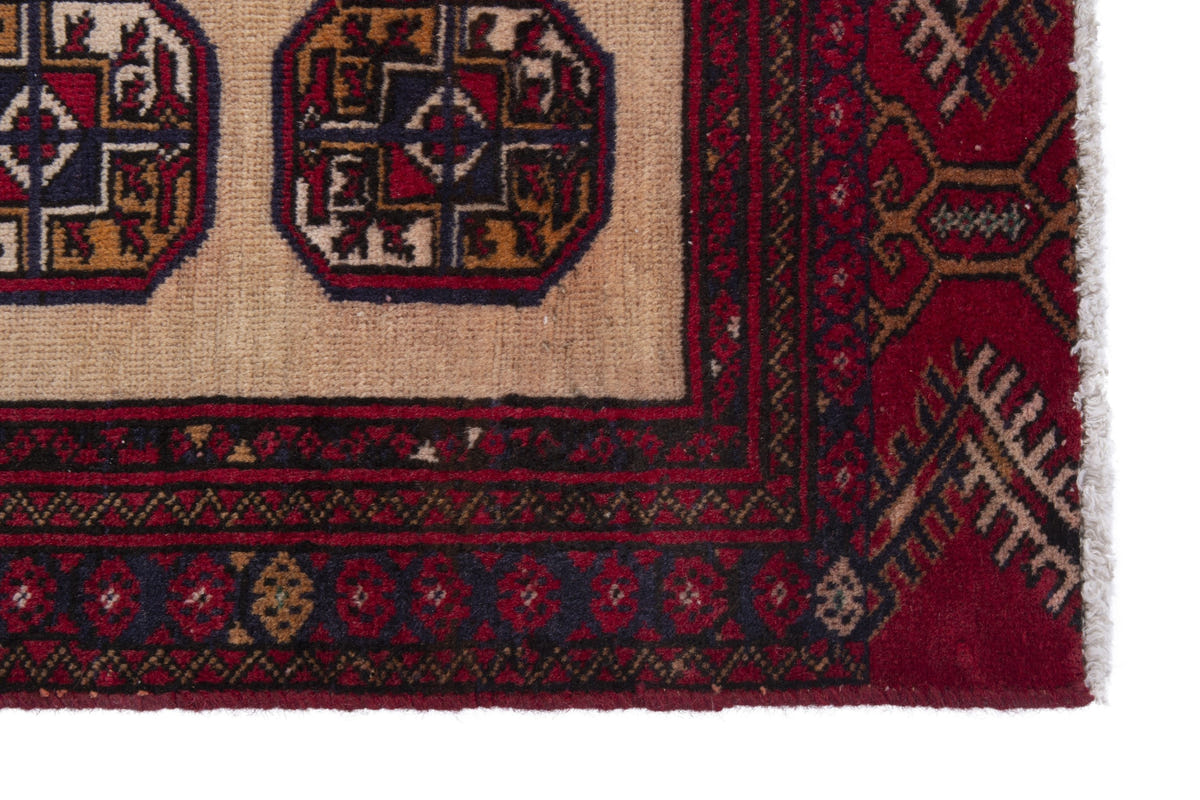 Persian Torkaman accent rug in tan and deep red, view 5 of 8