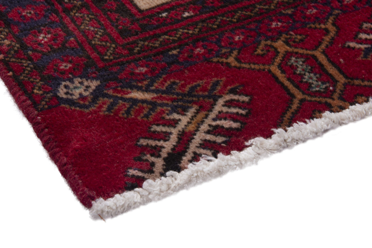 Persian Torkaman accent rug in tan and deep red, view 6 of 8