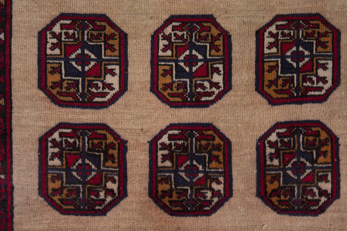 Persian Torkaman accent rug in tan and deep red, view 7 of 8