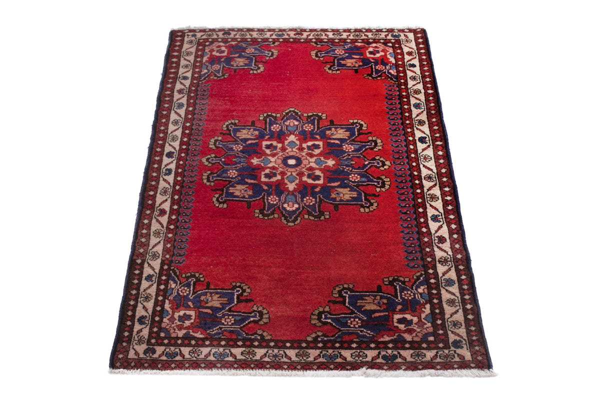 Persian Saveh accent rug in deep red and navy, view 4 of 9