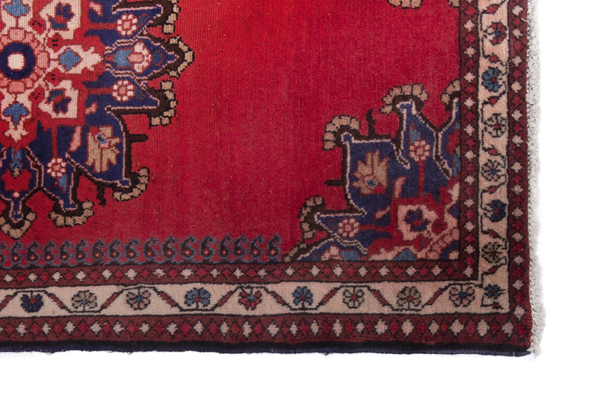 Persian Saveh accent rug in deep red and navy, view 5 of 9