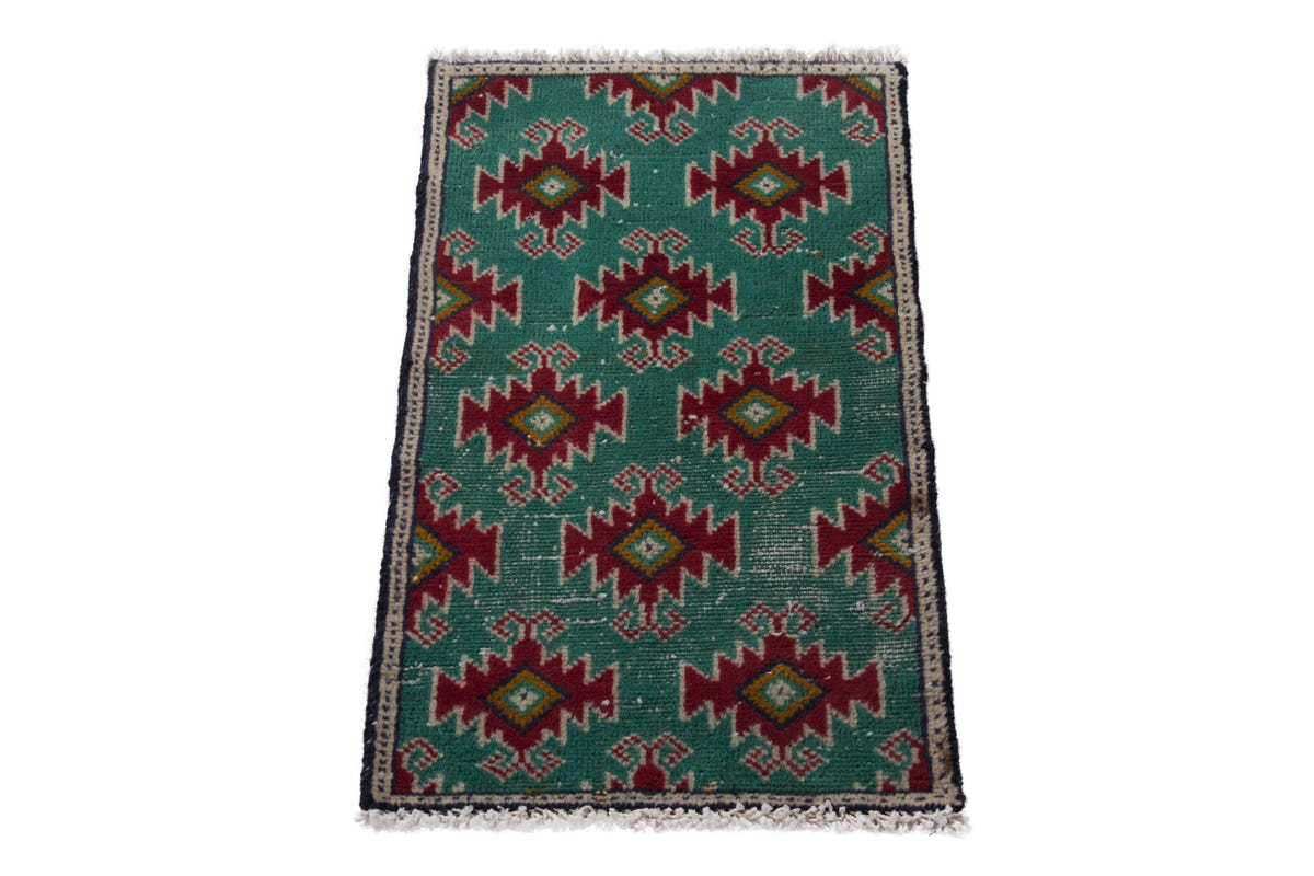 Persian Torkaman accent rug in emerald and deep red, view 4 of 8