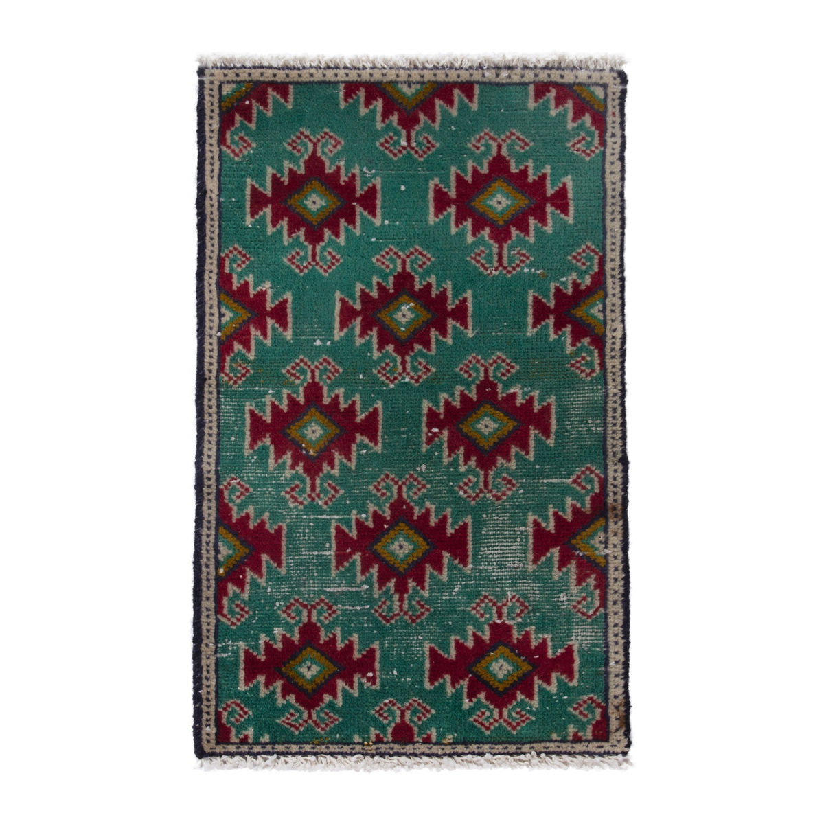 Persian Torkaman accent rug in emerald and deep red, 1'4" x 2'4"
