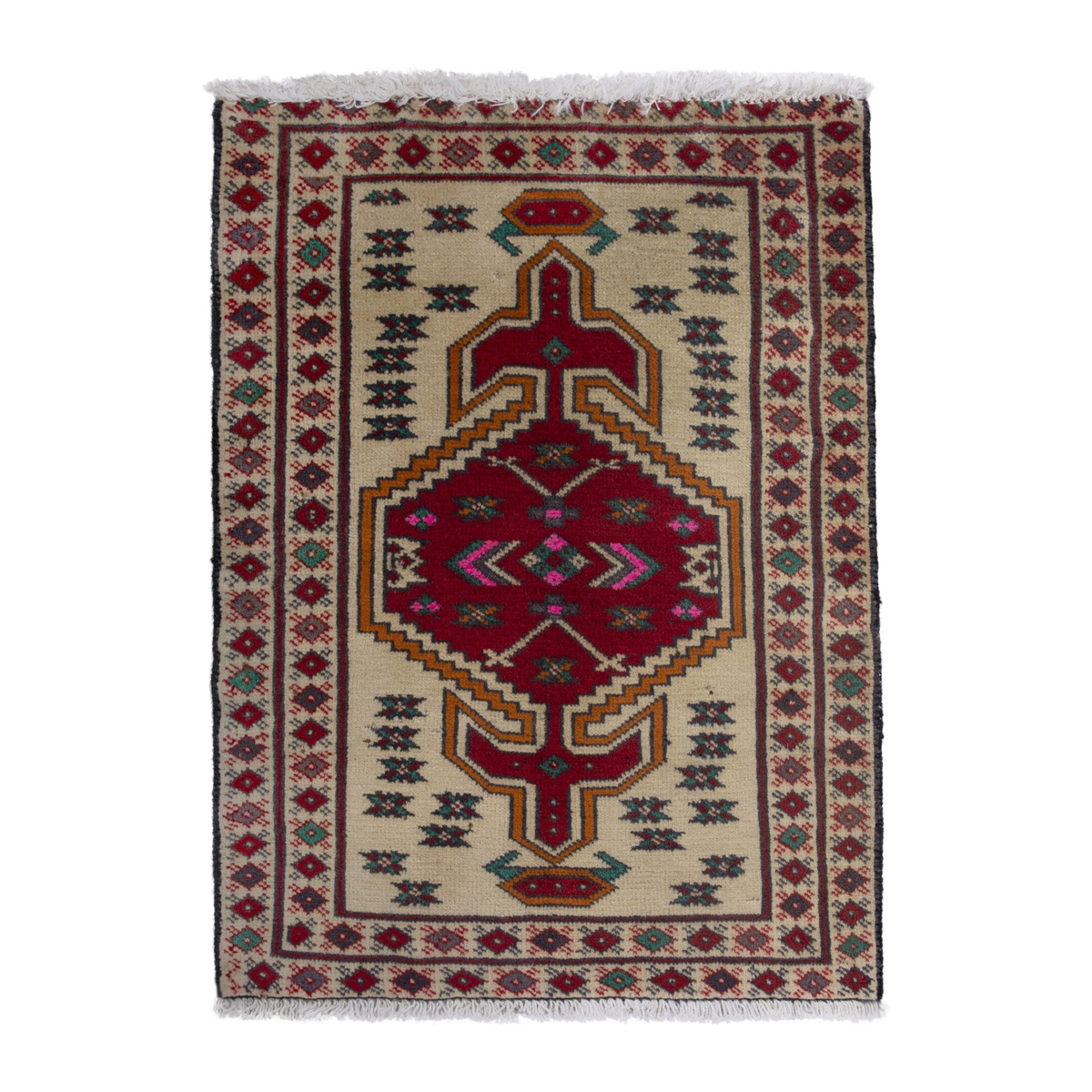 Persian Torkaman accent rug in cream and deep red, 2' x 2'9"