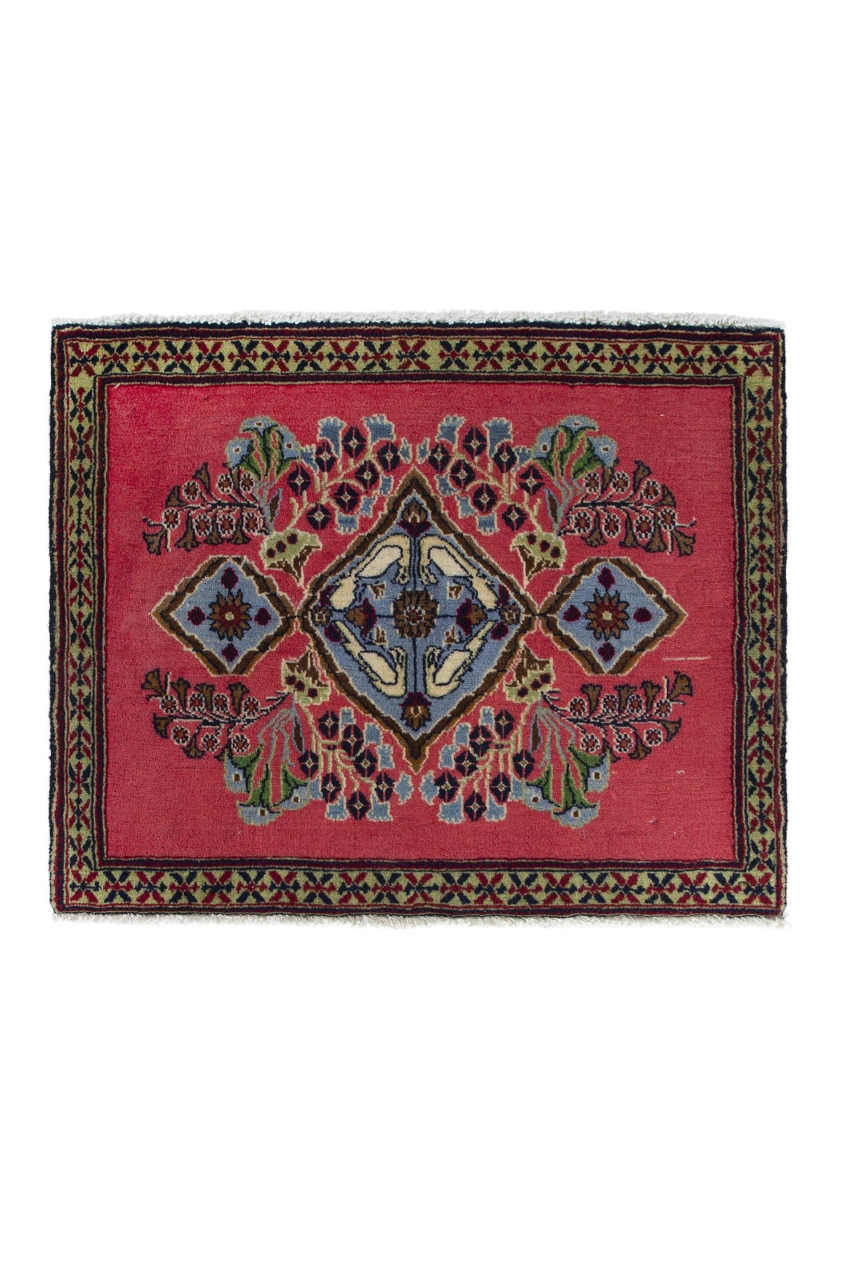 Persian Kashan accent rug in faded red and dusty blue, view 2 of 10