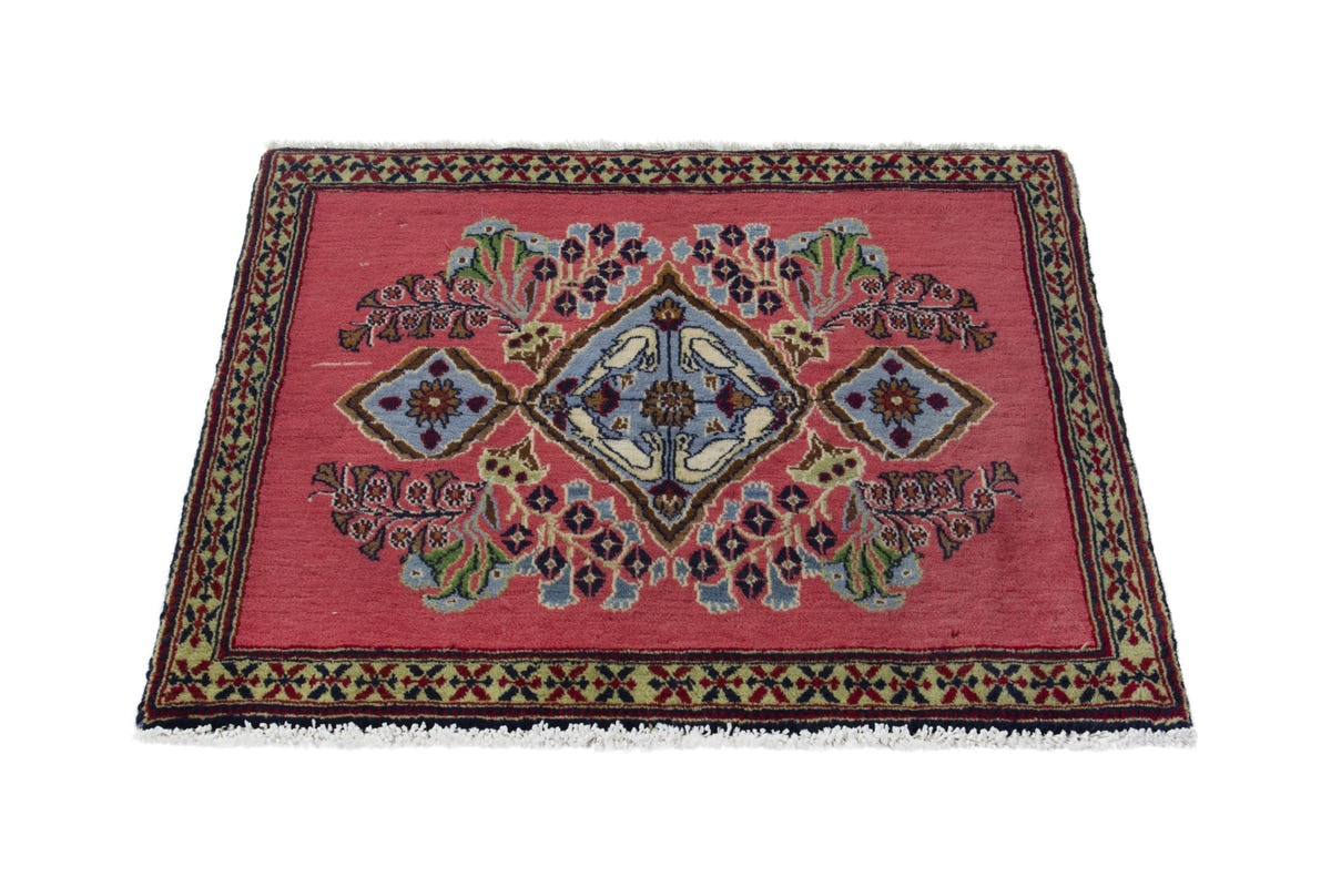 Persian Kashan accent rug in faded red and dusty blue, view 4 of 10