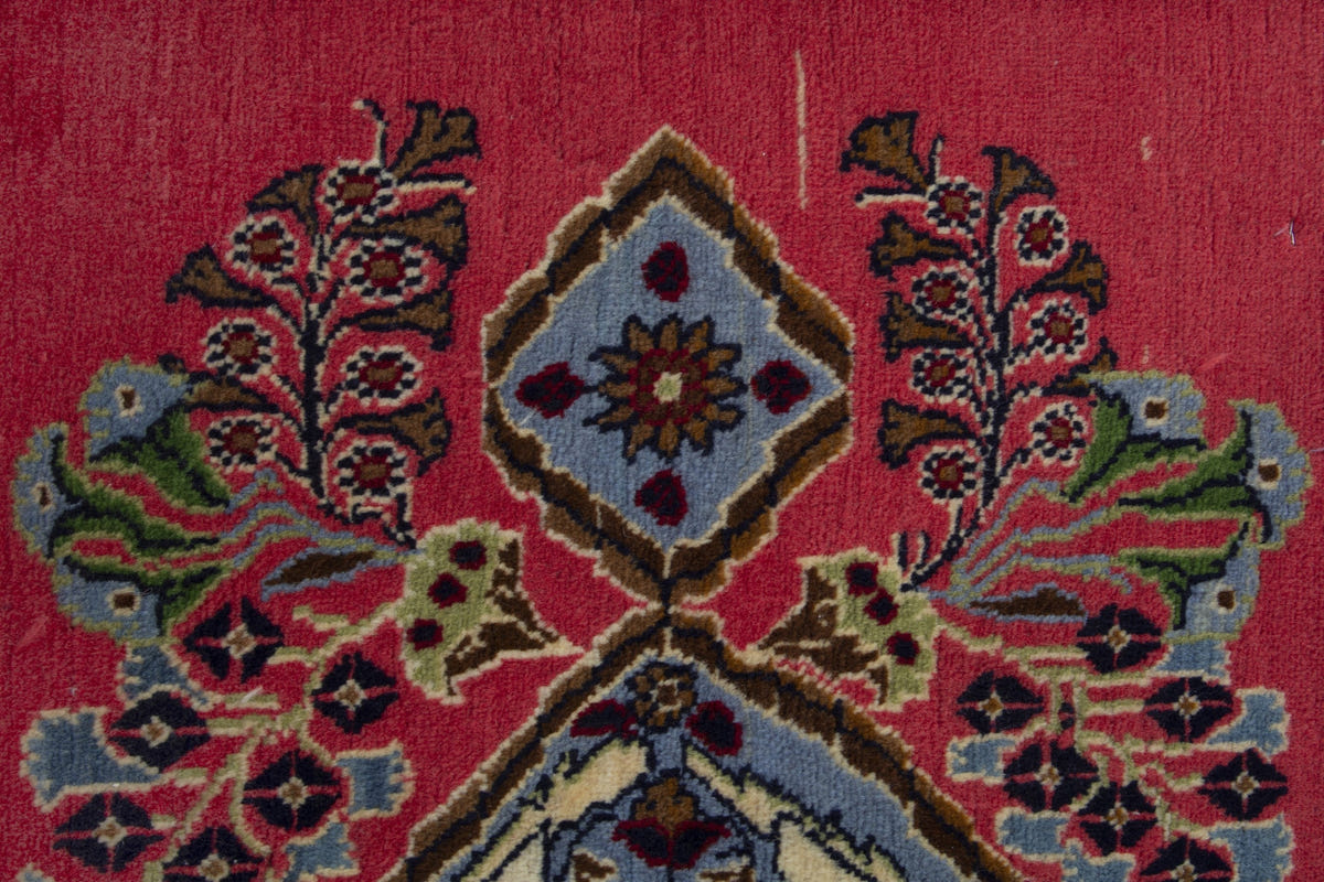 Persian Kashan accent rug in faded red and dusty blue, view 7 of 10