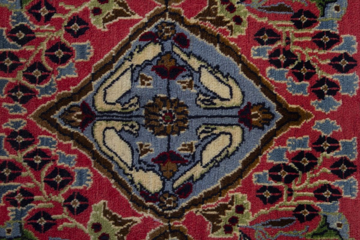Persian Kashan accent rug in faded red and dusty blue, view 8 of 10