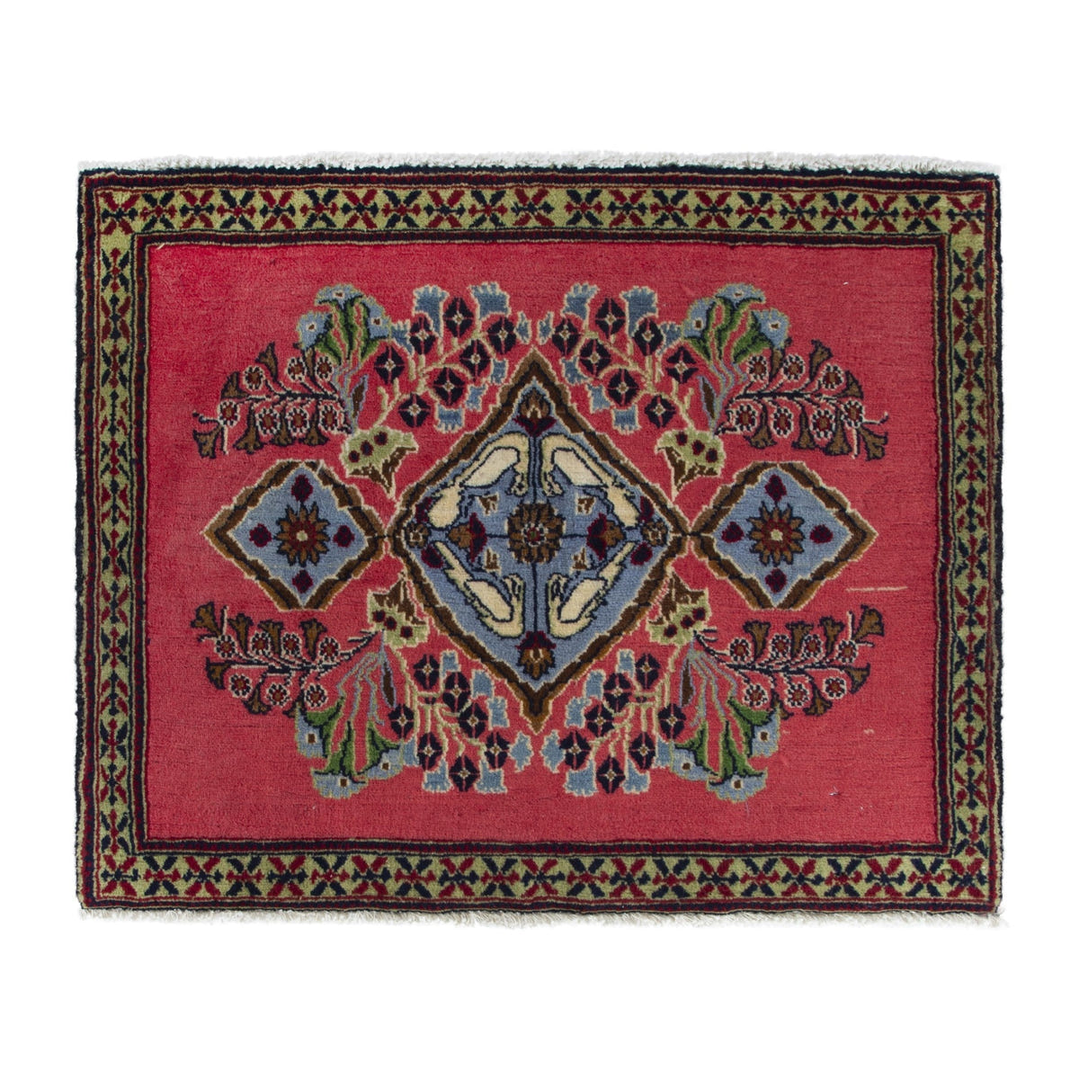 Persian Kashan accent rug in faded red and dusty blue, 2'7" x 2'