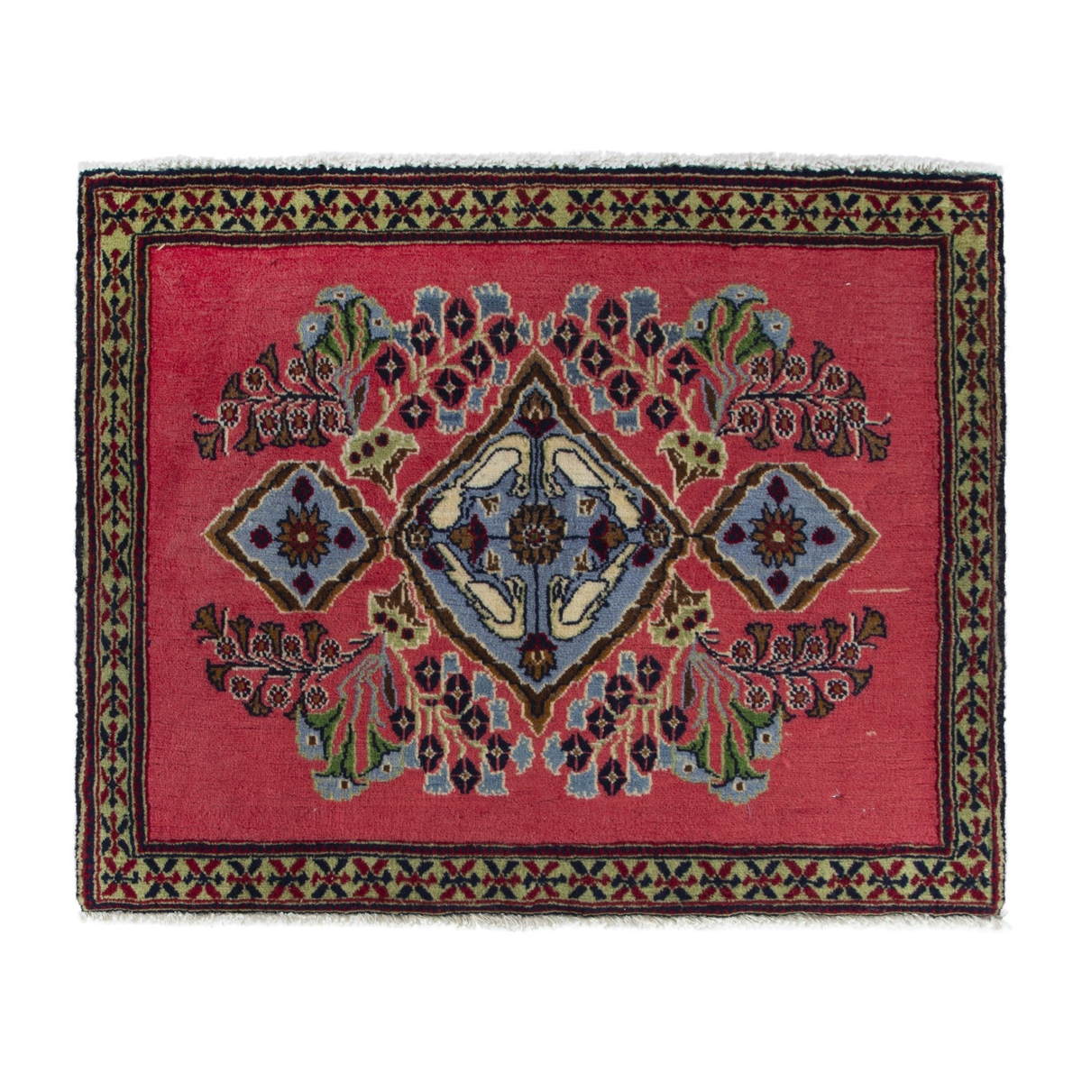 Persian Kashan accent rug in faded red and dusty blue, 2'7" x 2'
