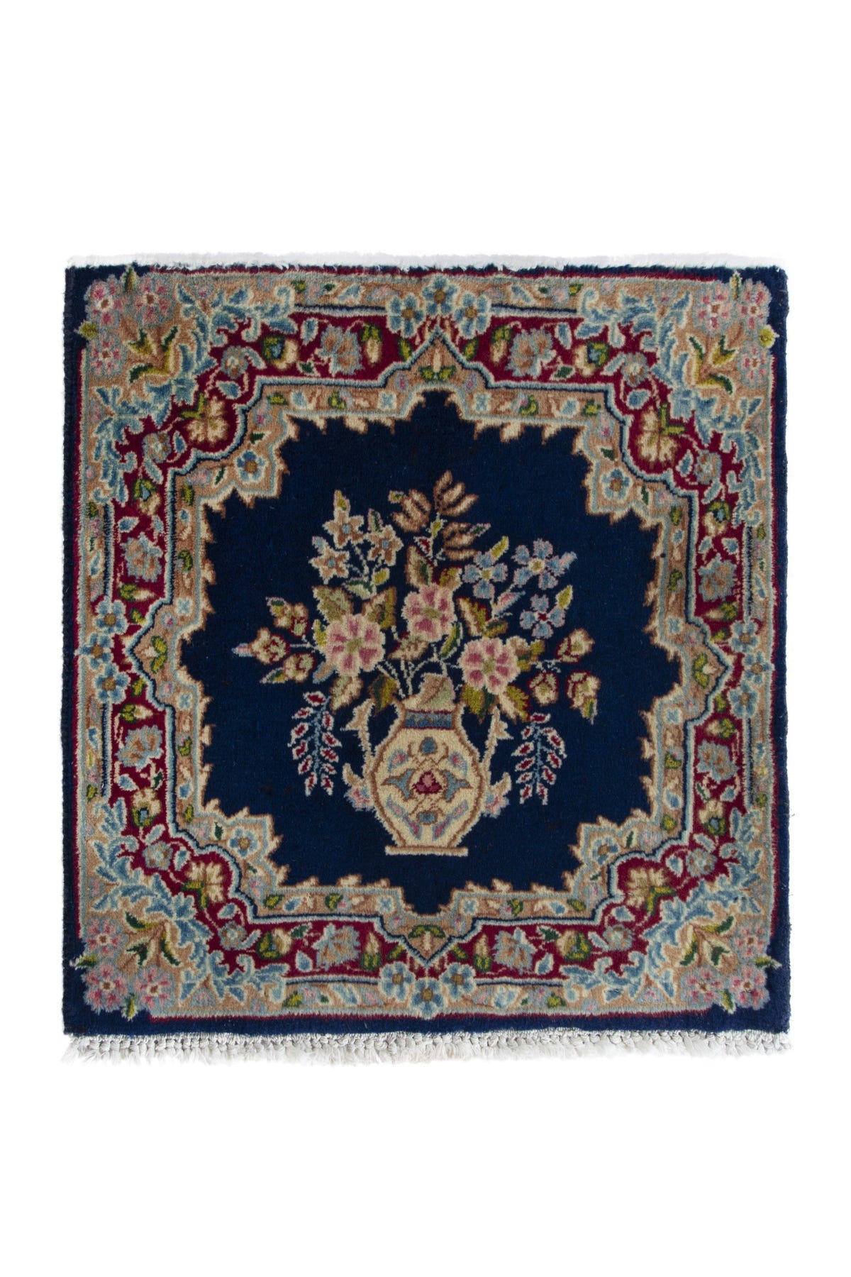 Persian Kerman accent rug in navy and burgundy, view 2 of 9