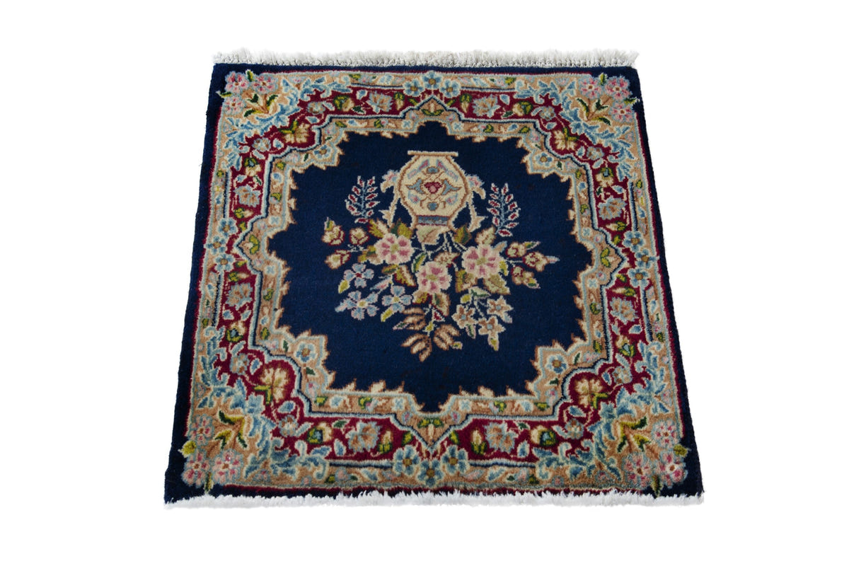 Persian Kerman accent rug in navy and burgundy, view 4 of 9