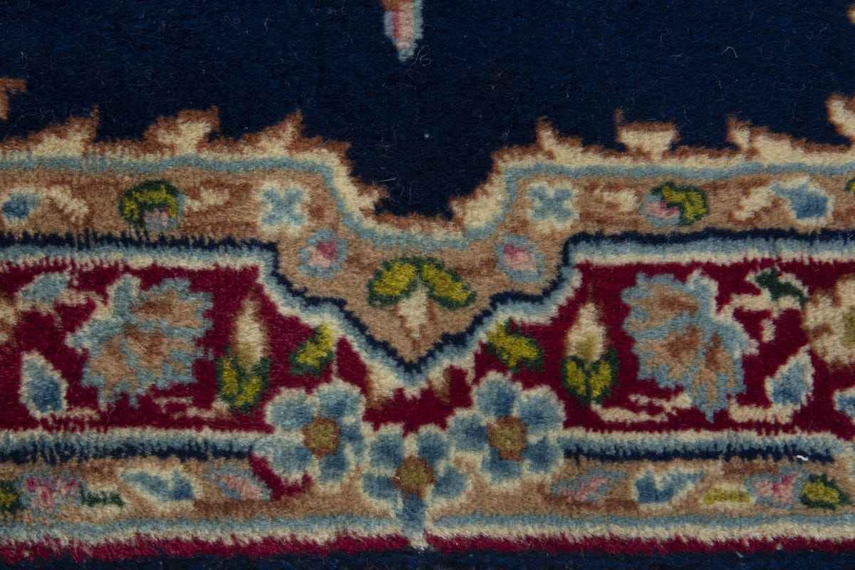 Persian Kerman accent rug in navy and burgundy, view 8 of 9