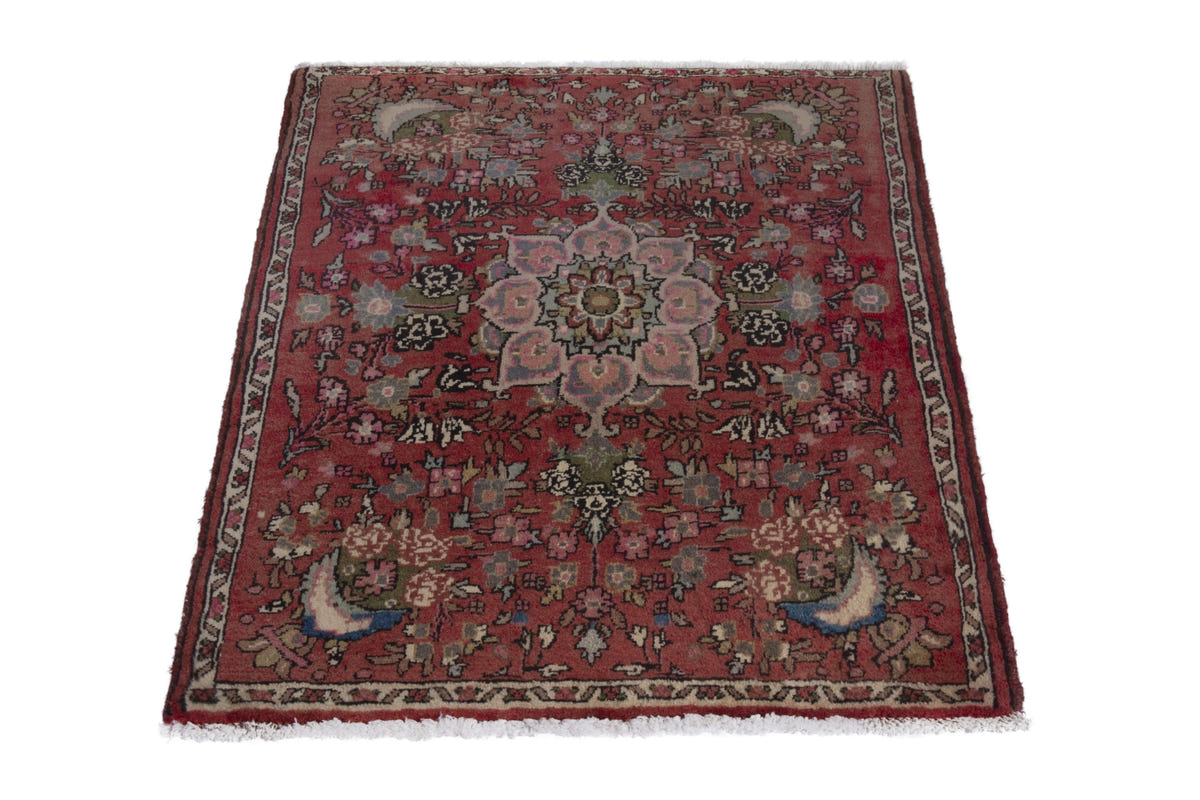 Persian Hamadan accent rug in faded red and cream, view 3 of 9