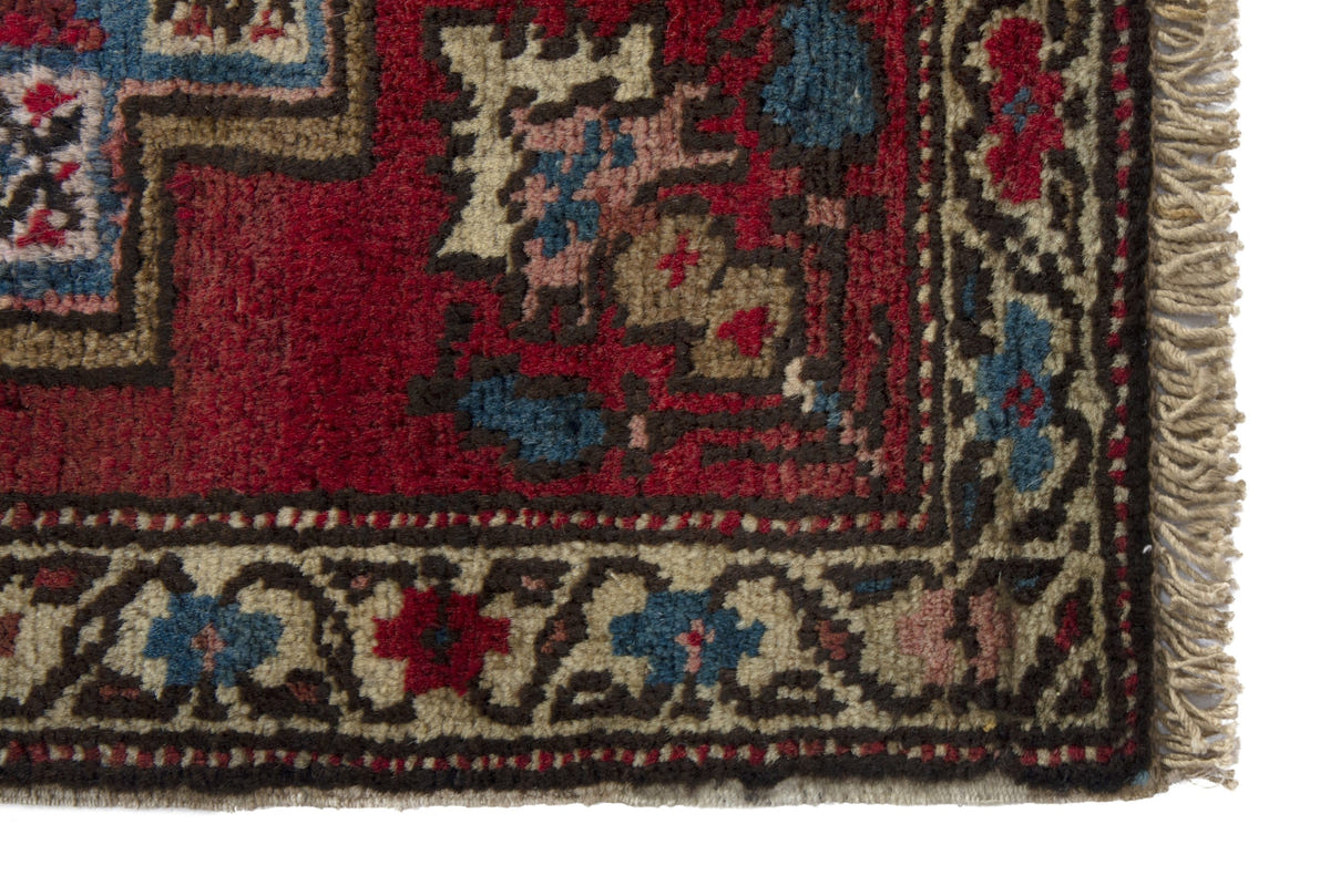 Persian Heriz accent rug in deep red and dusty blue, view 5 of 9