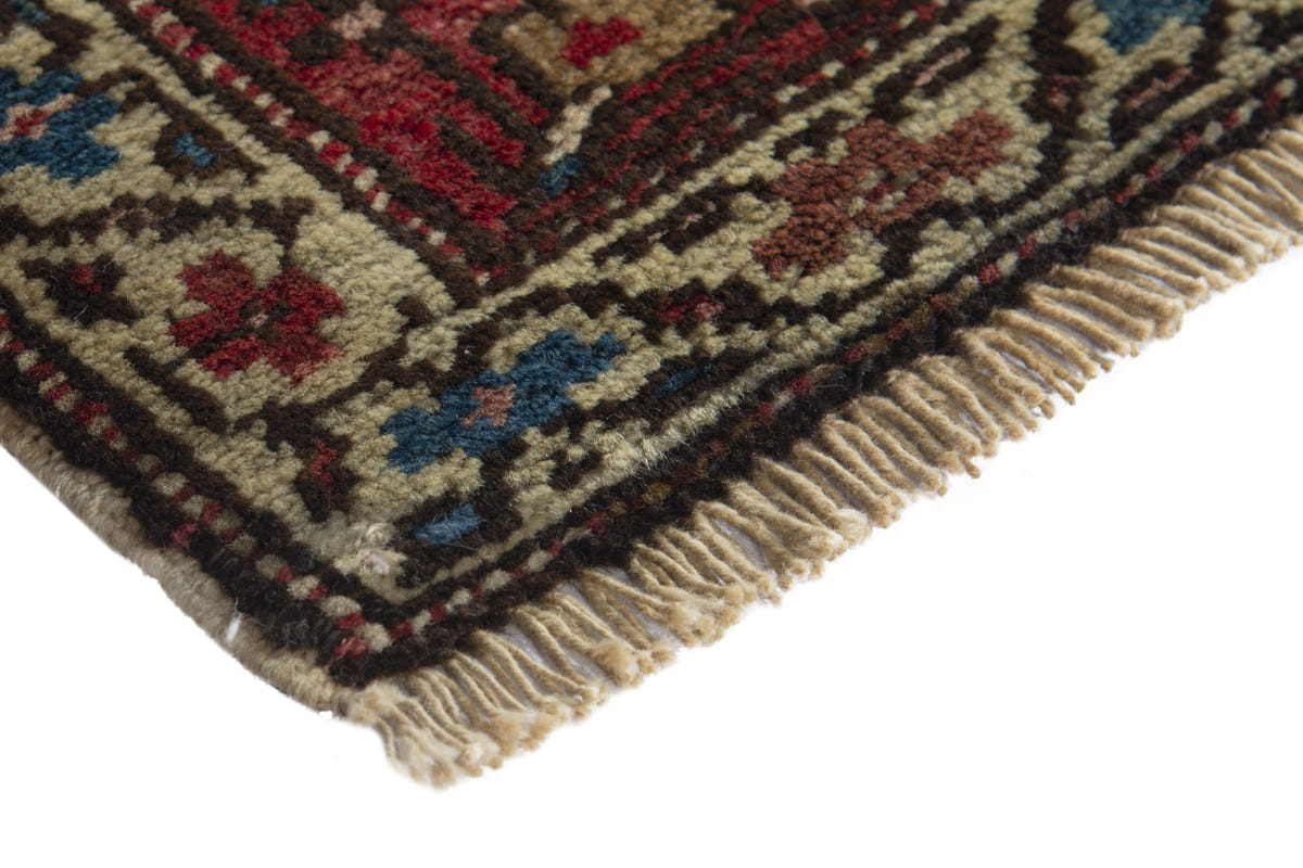 Persian Heriz accent rug in deep red and dusty blue, view 6 of 9