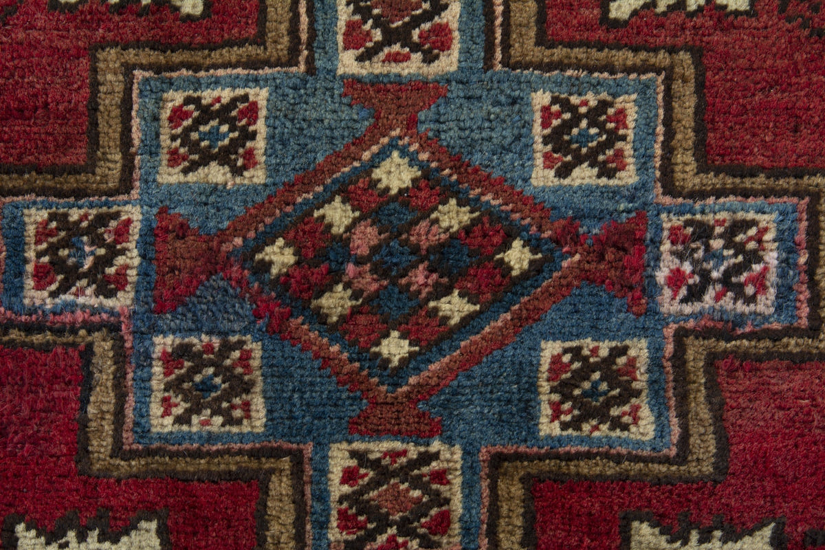 Persian Heriz accent rug in deep red and dusty blue, view 7 of 9