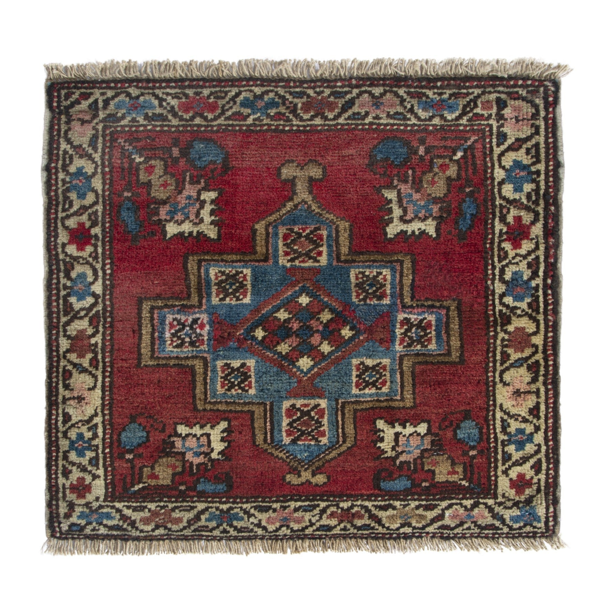 Persian Heriz accent rug in deep red and dusty blue, 1'9" x 1'7"