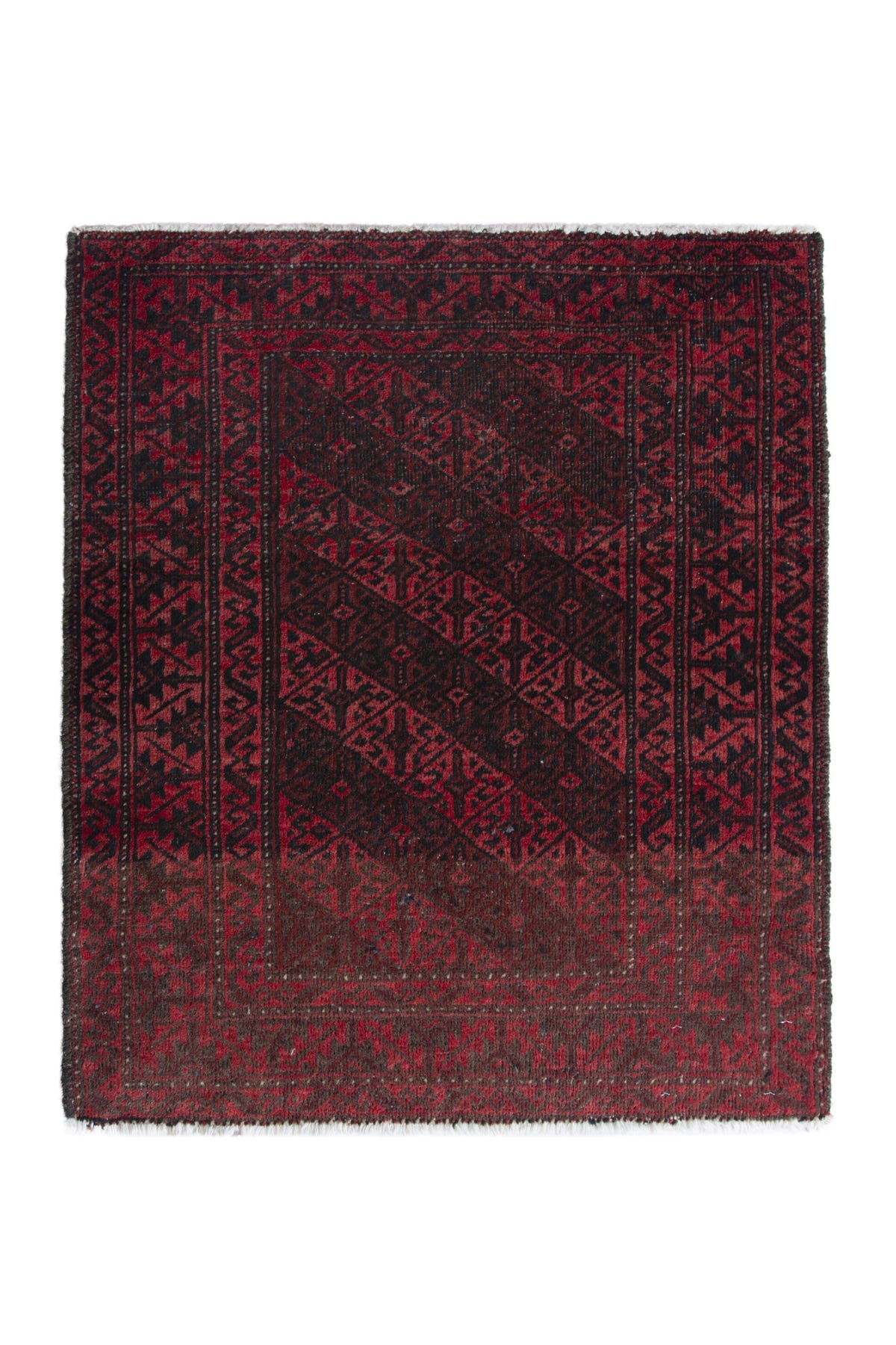 Persian Baluch accent rug in deep red and black, view 2 of 9