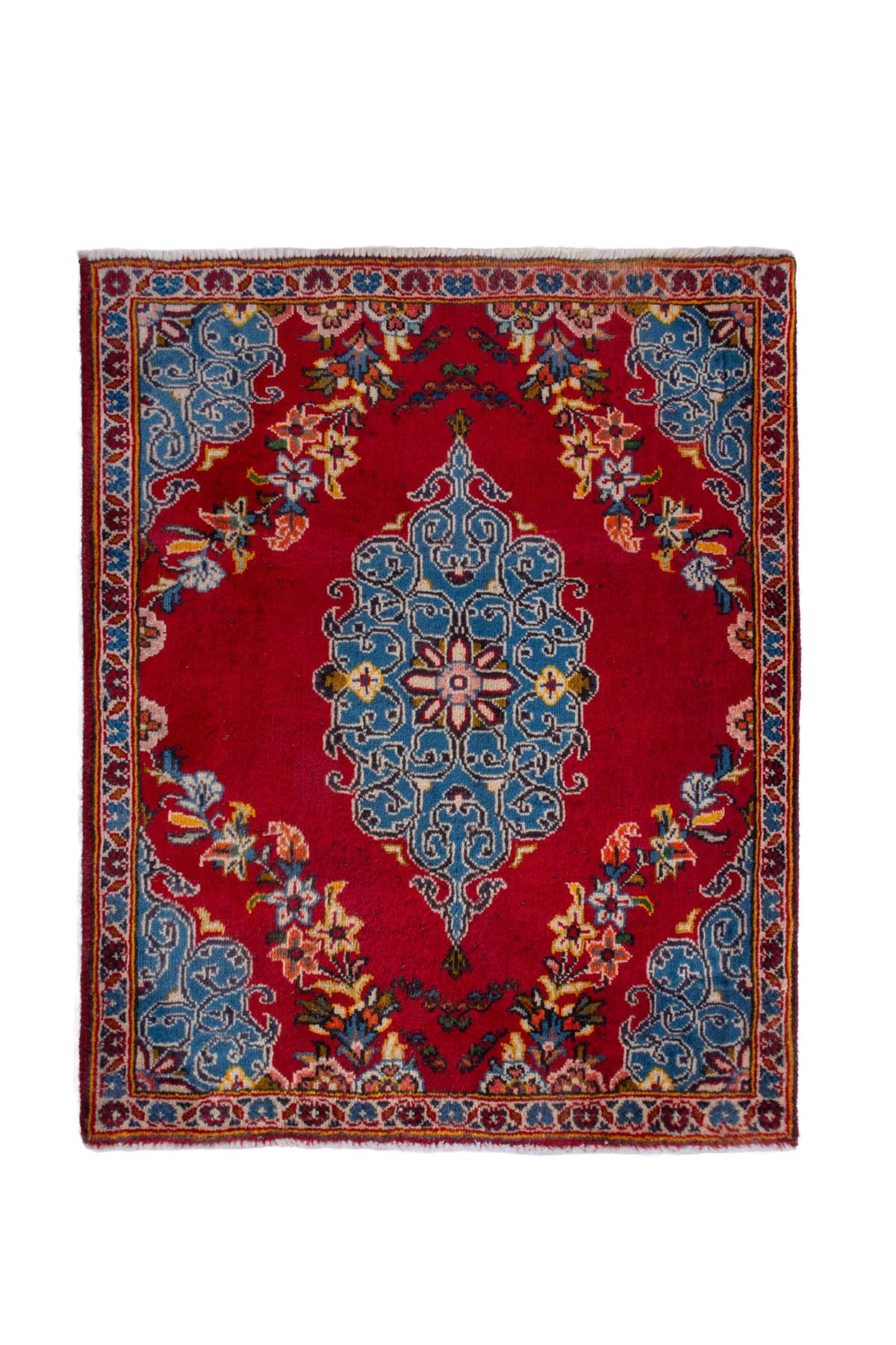 Persian Kashan accent rug in deep red and dusty blue, view 2 of 8
