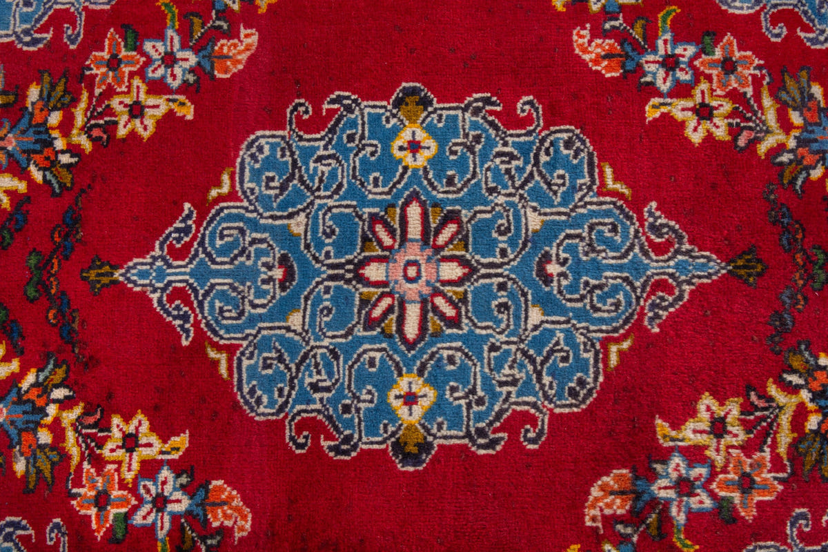 Persian Kashan accent rug in deep red and dusty blue, view 7 of 8