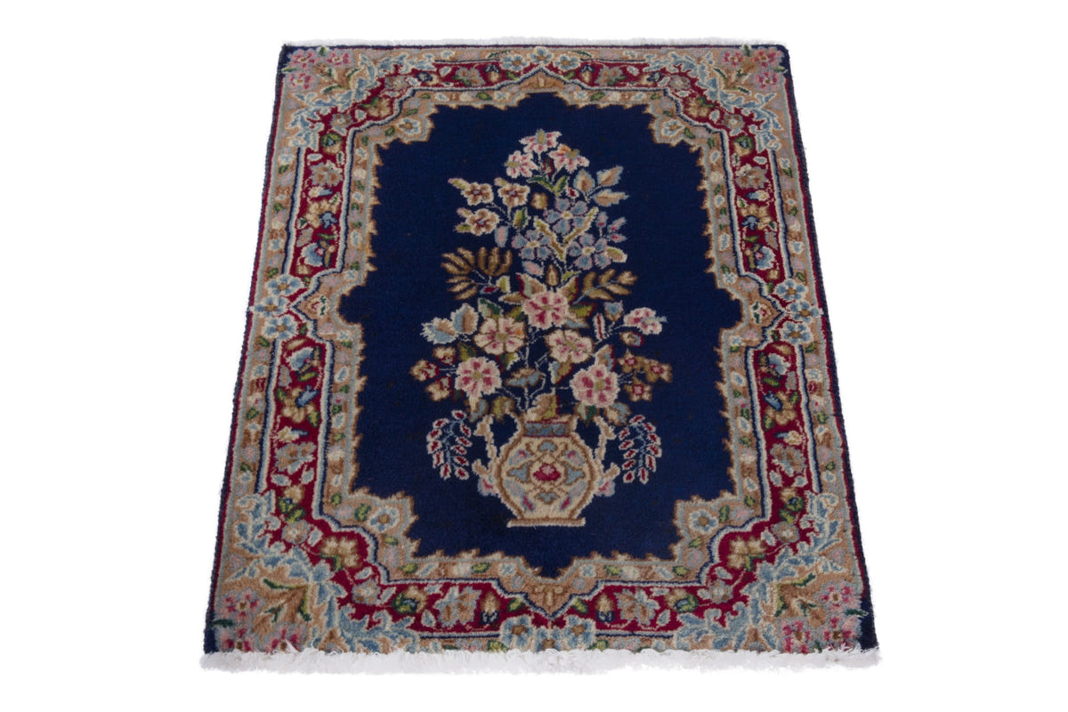 Persian Kerman accent rug in navy and burgundy, view 4 of 8