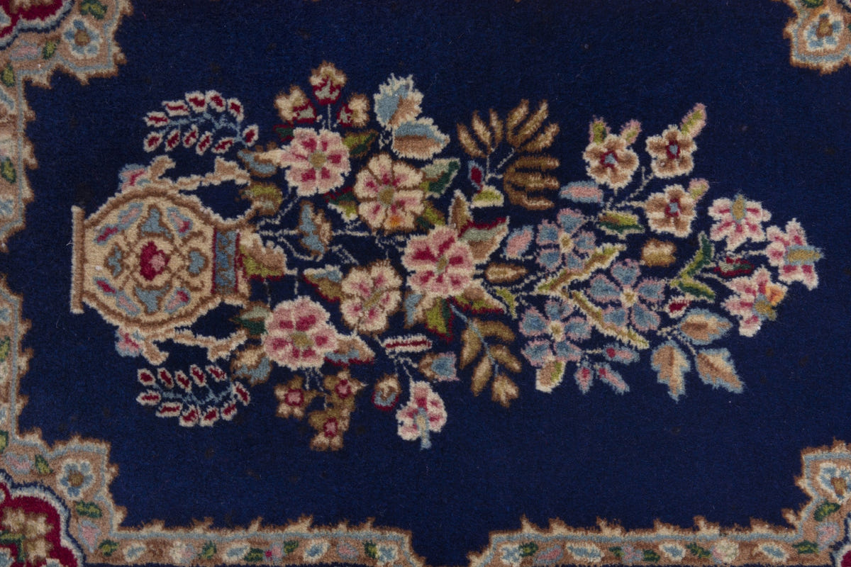 Persian Kerman accent rug in navy and burgundy, view 7 of 8