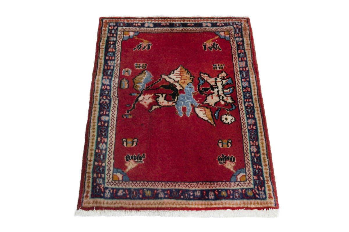 Persian Arak accent rug in deep red and navy, view 3 of 9