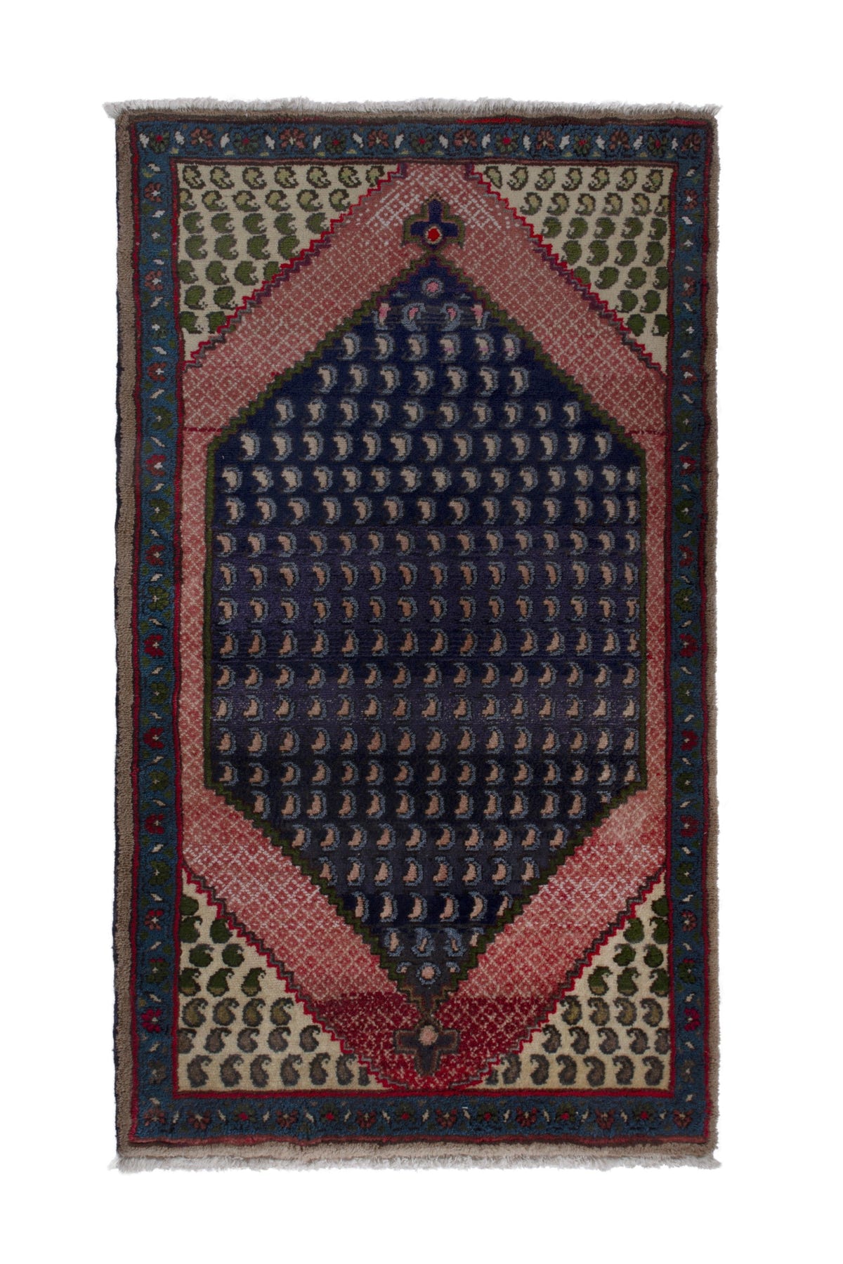 Persian Songhor accent rug in navy and dusty rose, view 2 of 9