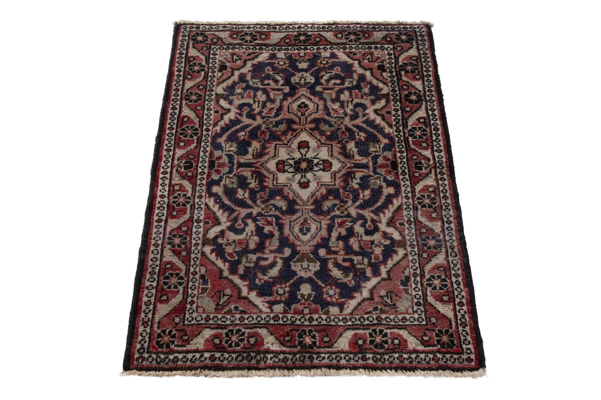 Persian Hamadan accent rug in navy and faded red, view 3 of 8