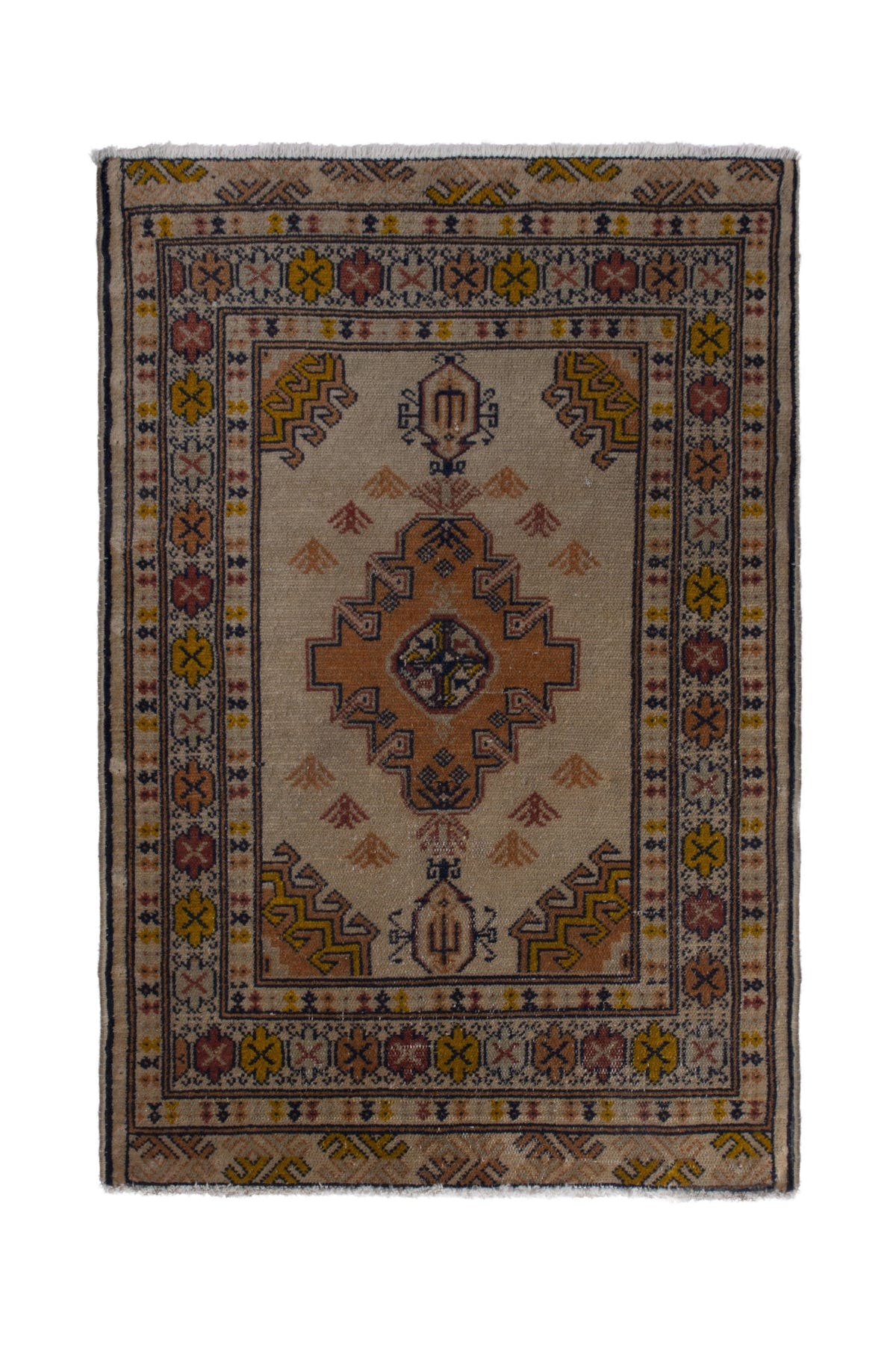 Persian Torkaman accent rug in beige and ochre, view 2 of 9