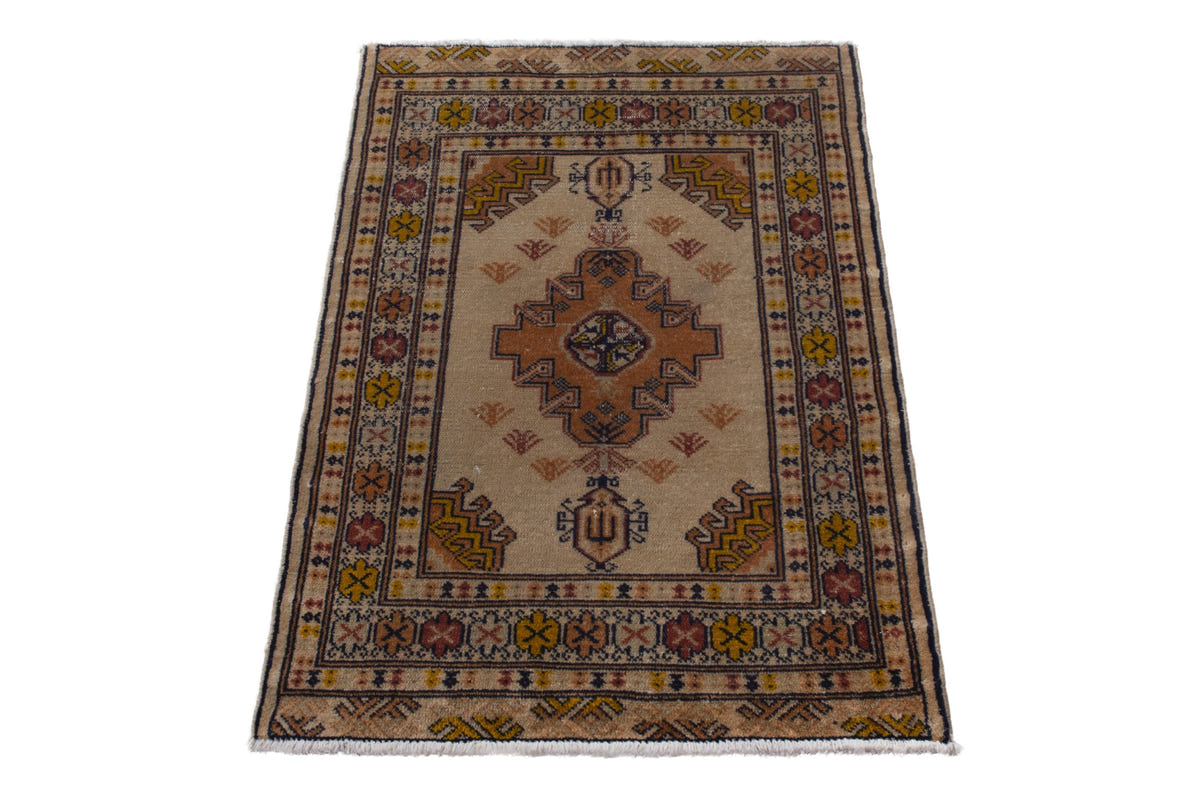 Persian Torkaman accent rug in beige and ochre, view 3 of 9