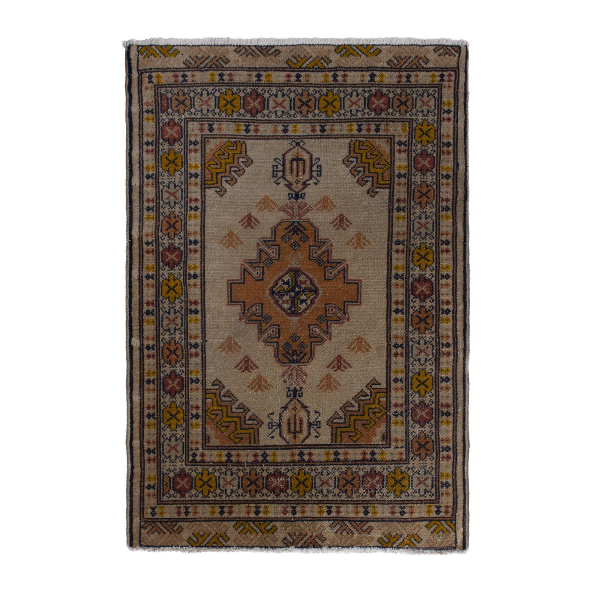Persian Torkaman accent rug in beige and ochre, 2'2" x 3'1"