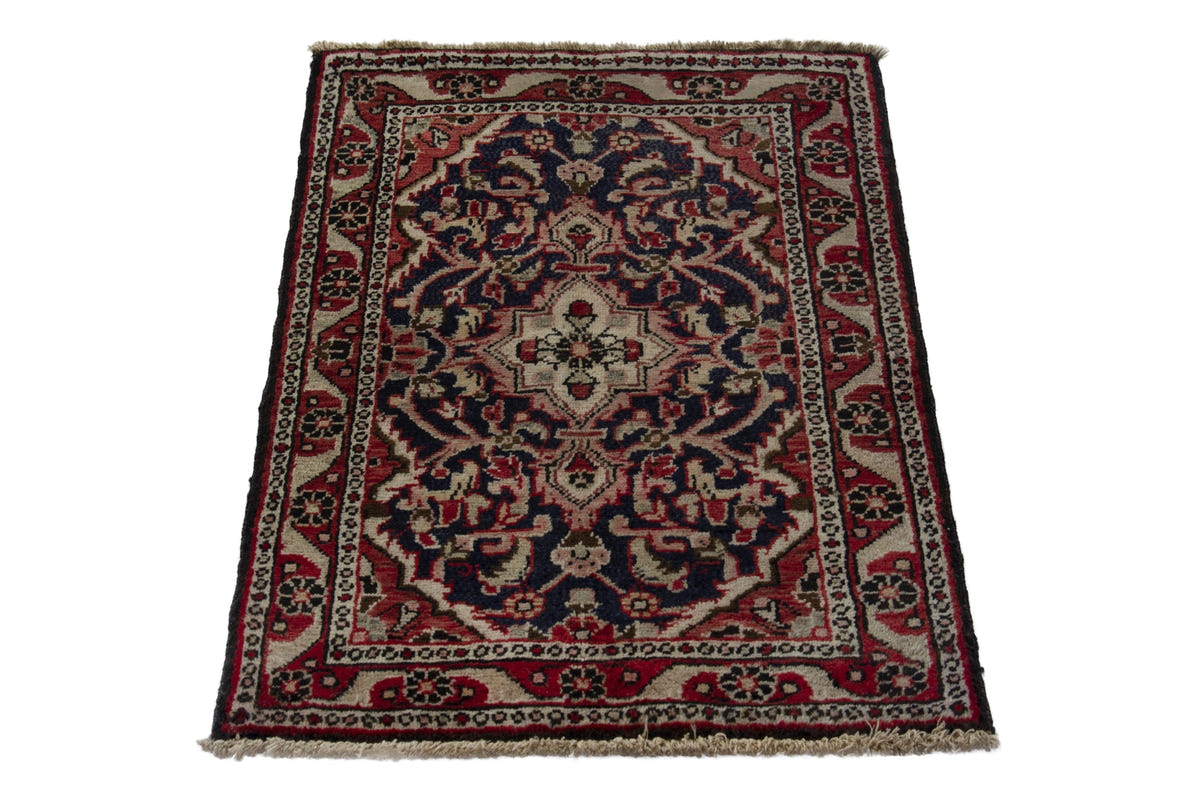 Persian Hamadan accent rug in navy and cream, view 4 of 10