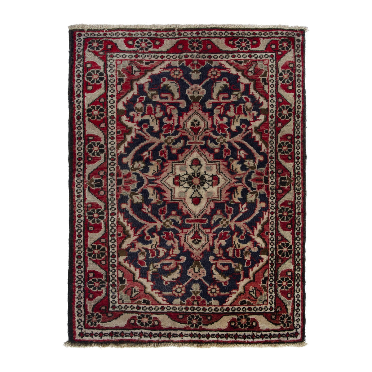 Persian Hamedan accent rug in navy and cream, 1'10" x 2'7"