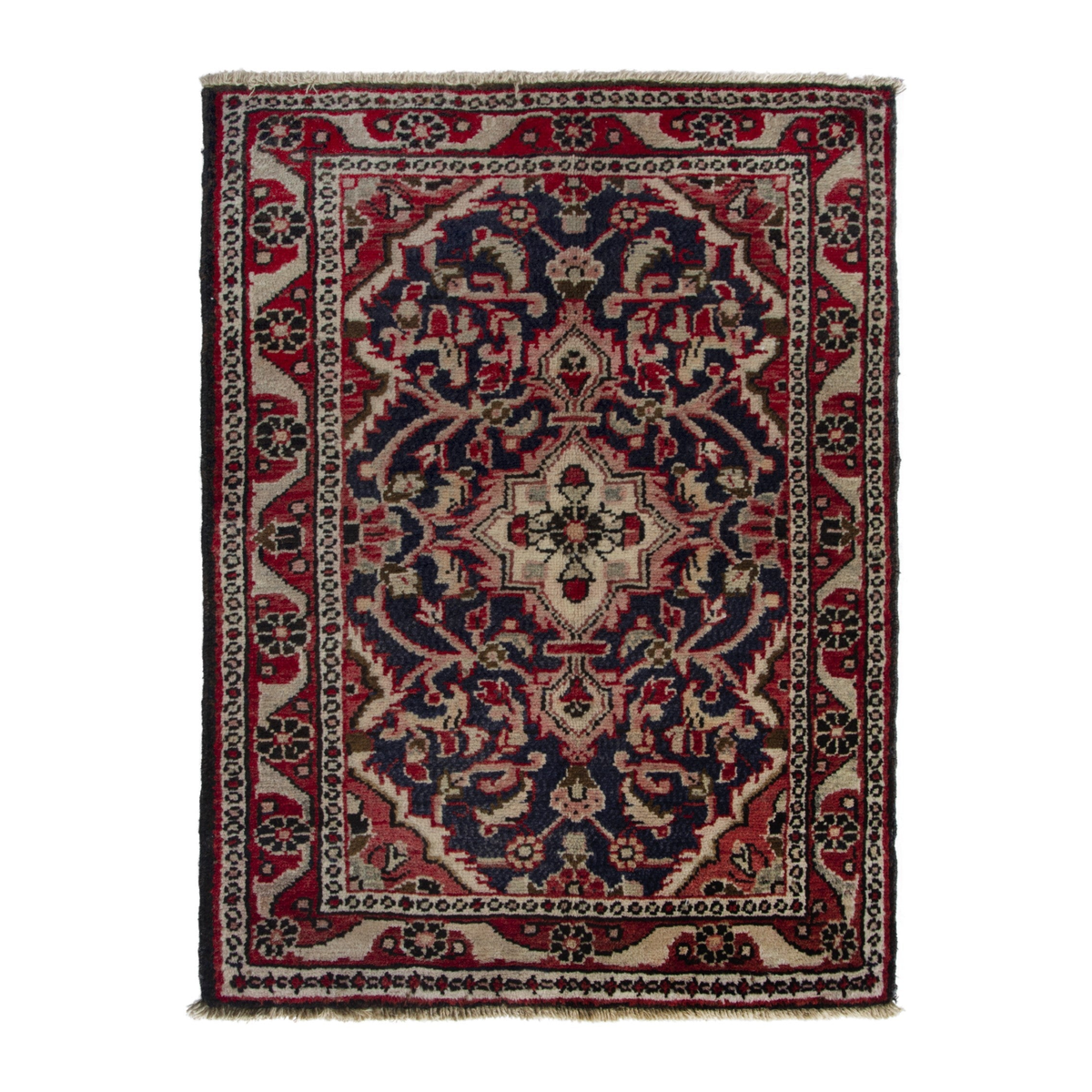 Persian Hamadan accent rug in navy and cream, 1'10" x 2'7"
