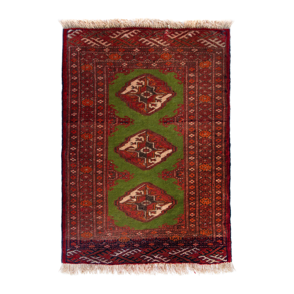 Persian Torkaman accent rug in deep red and olive, 2' x 2'7"