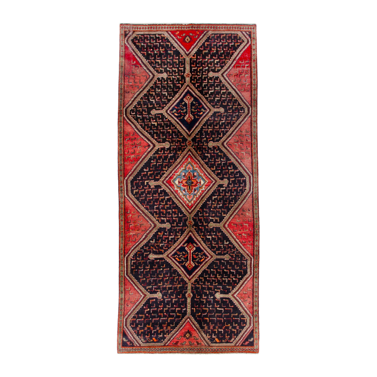 Persian Songhor runner rug in navy and rust, 4'1" x 9'6"