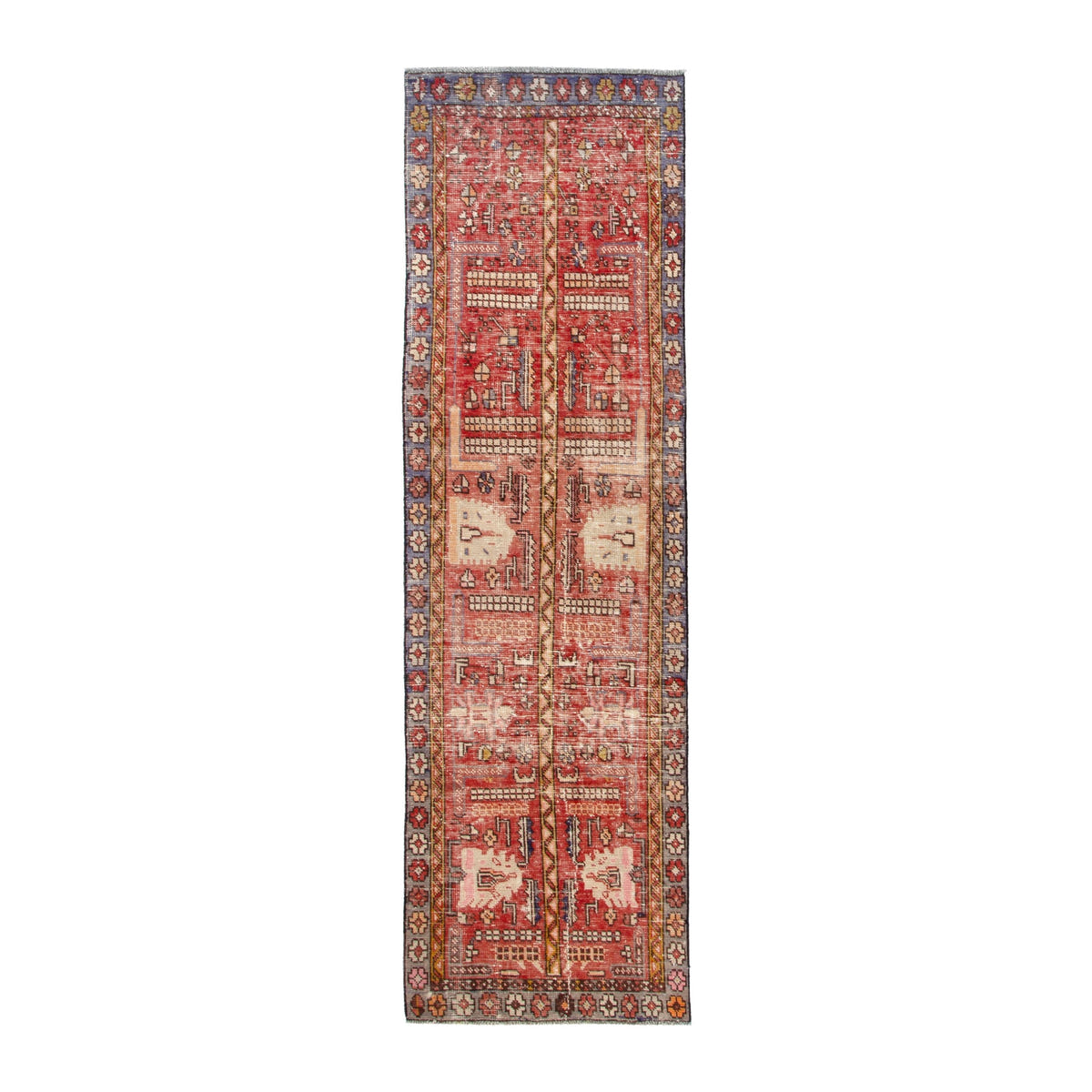 Persian Hamedan runner rug in faded red and slate blue, 2'11" x 10'